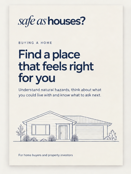 Fee guide by Safe as houses? It provides advice about understanding natural hazards when choosing a home. The line drawing of a house with trees and bushes around it at the bottom.