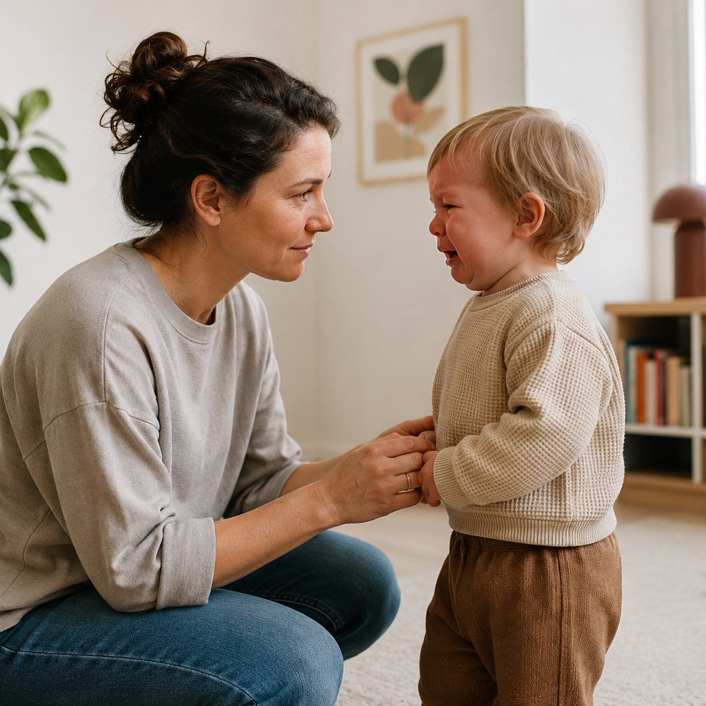 A young boy crying and being comforted by a woman, possibly his mother, indoors in a bright room with a plant and framed artwork on the wall.