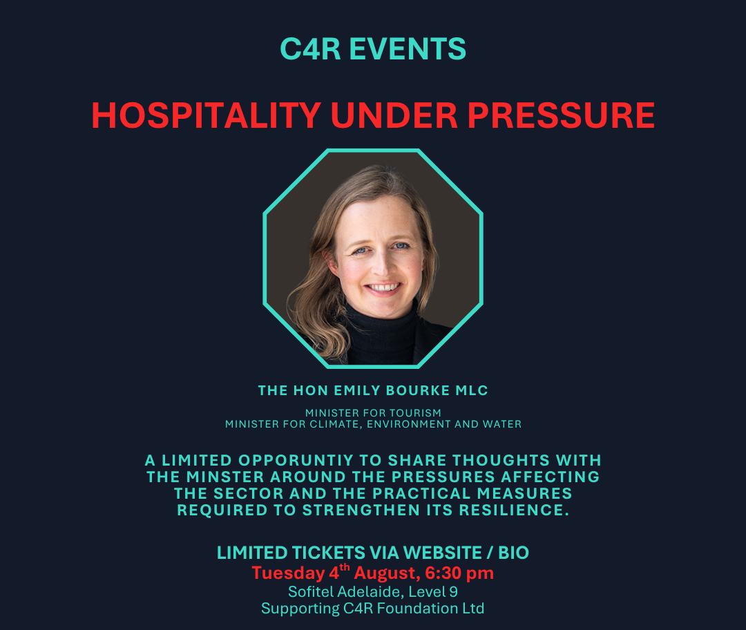 Event poster for C4R Events titled 'Hospitality Under Pressure' featuring a photo of The Hon Emily Bourke MLC, Minister for Tourism, Climate, Environment, and Water, with event details and date.
