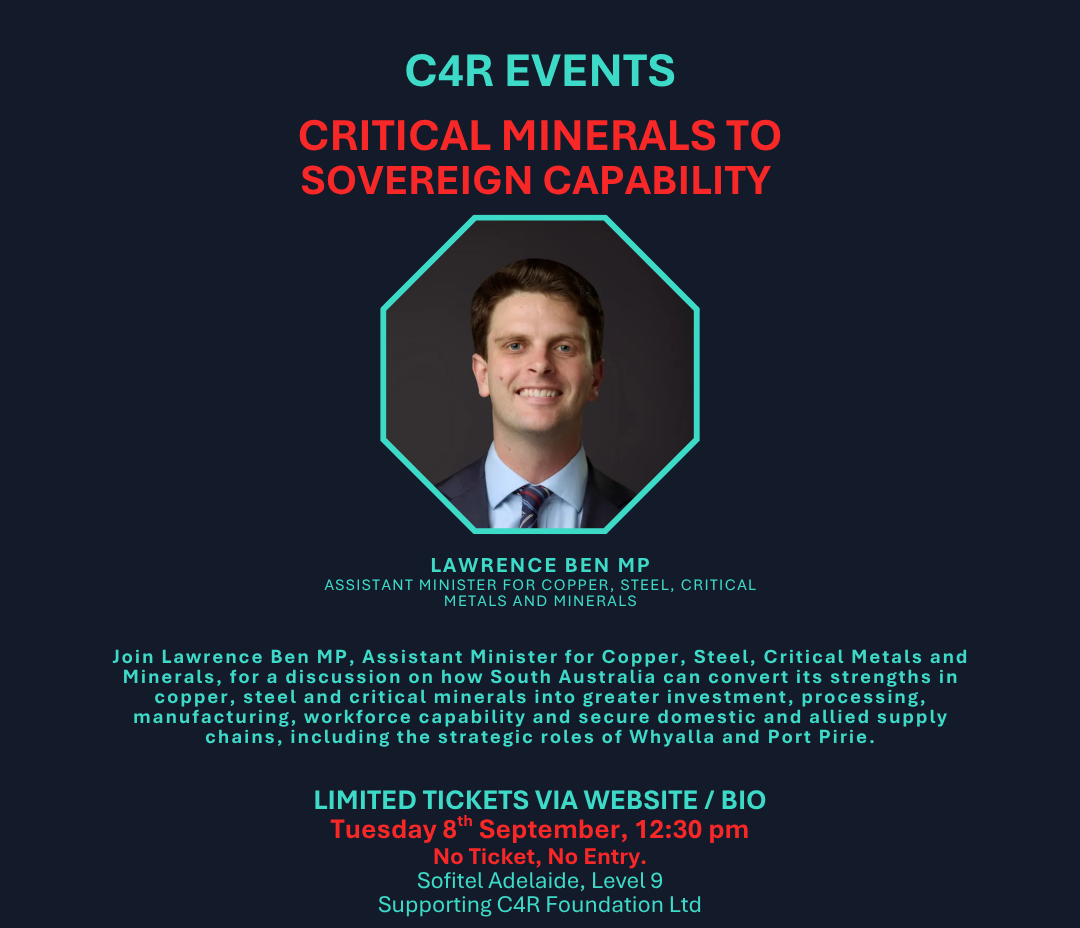 Event poster for C4R Events featuring Lawrence Ben MP, Assistant Minister for Copper, Steel, Critical Metals, and Minerals. The poster includes a headshot of Lawrence Ben MP and details about the event, date, time, location, and ticket information.