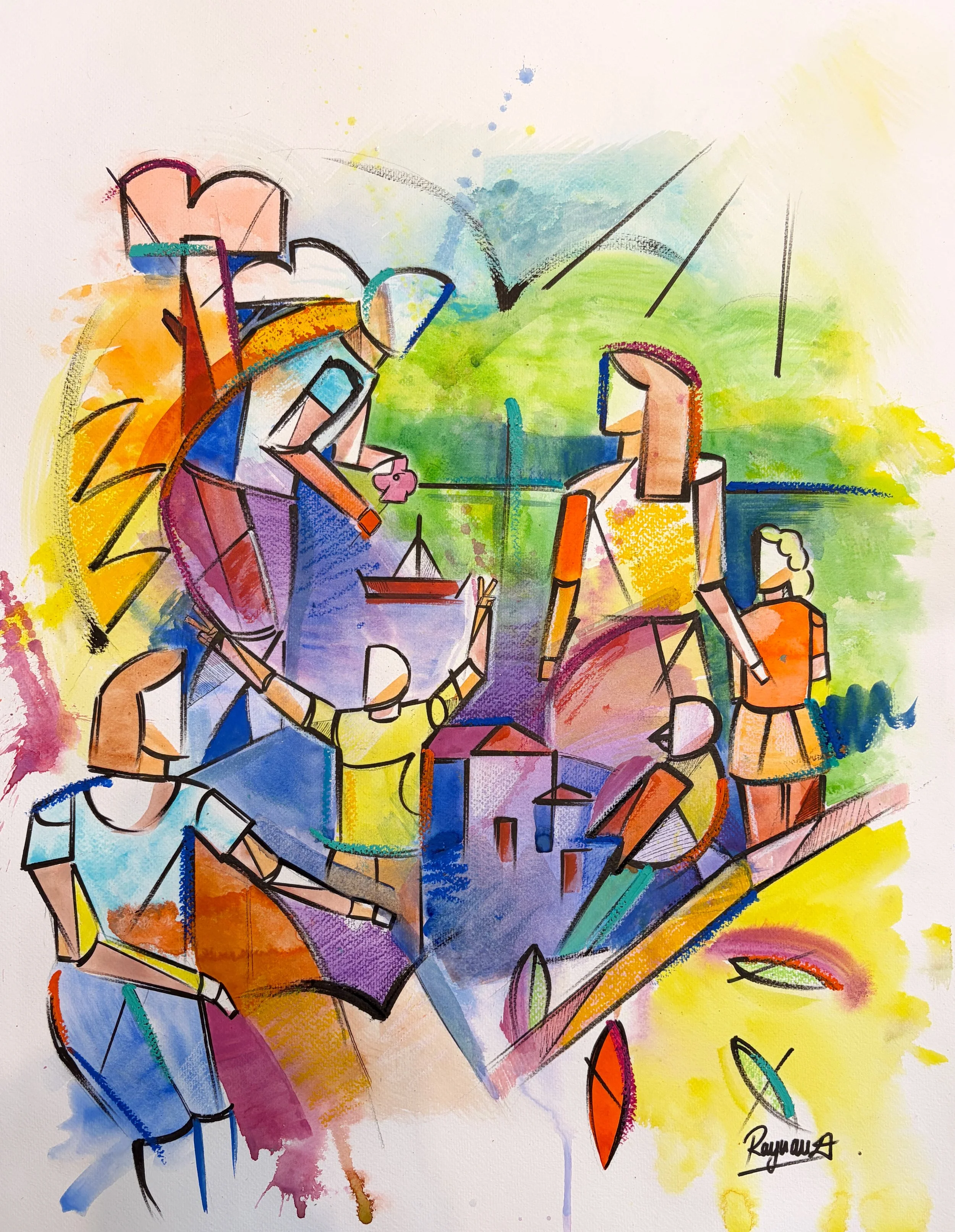 "La joie de vivre" 50x65 cm. Aquarelle, pastels et encre sur papier 