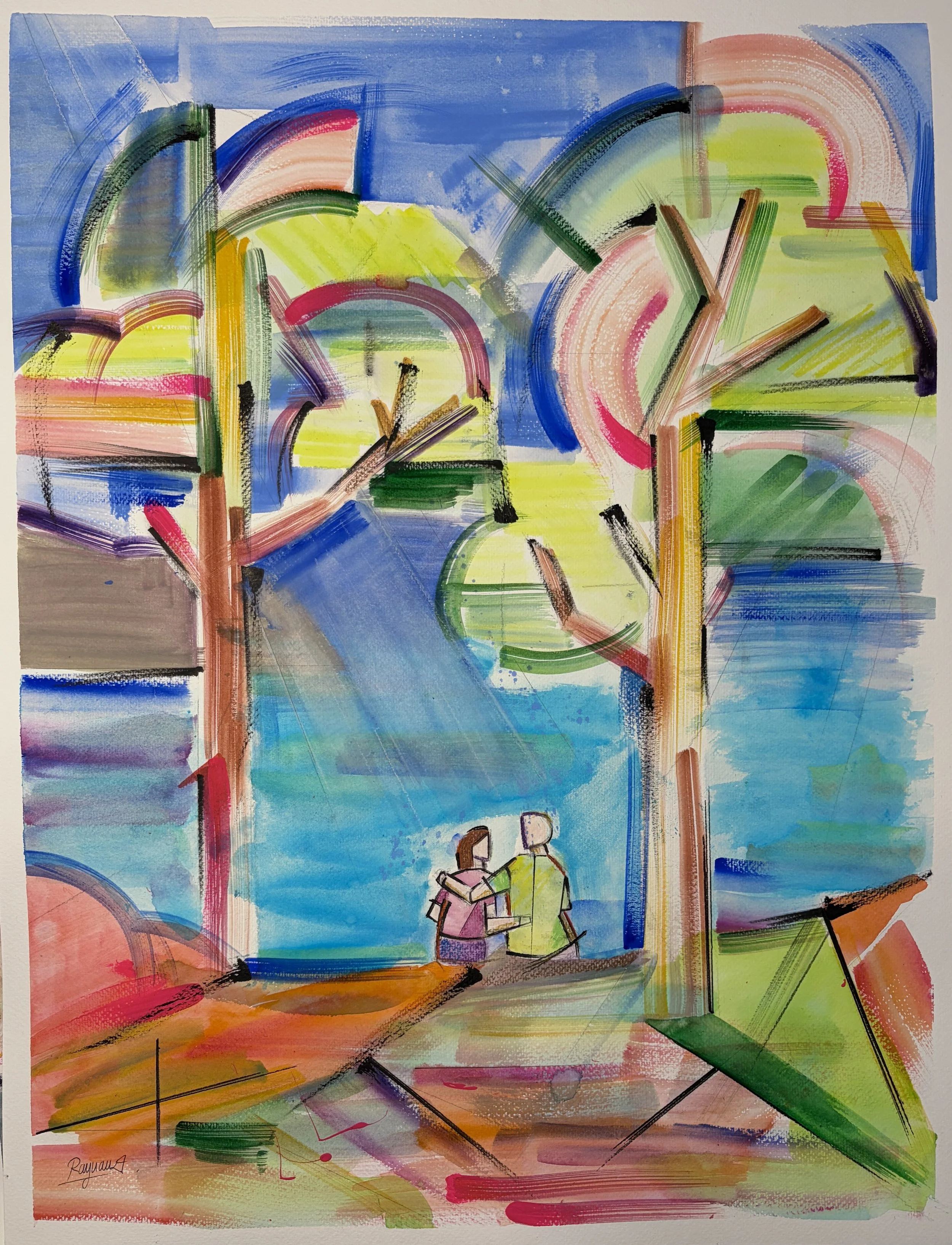 "Calins sous les pins" 50x65 cm. Aquarelle, pastels, et encre sur papier