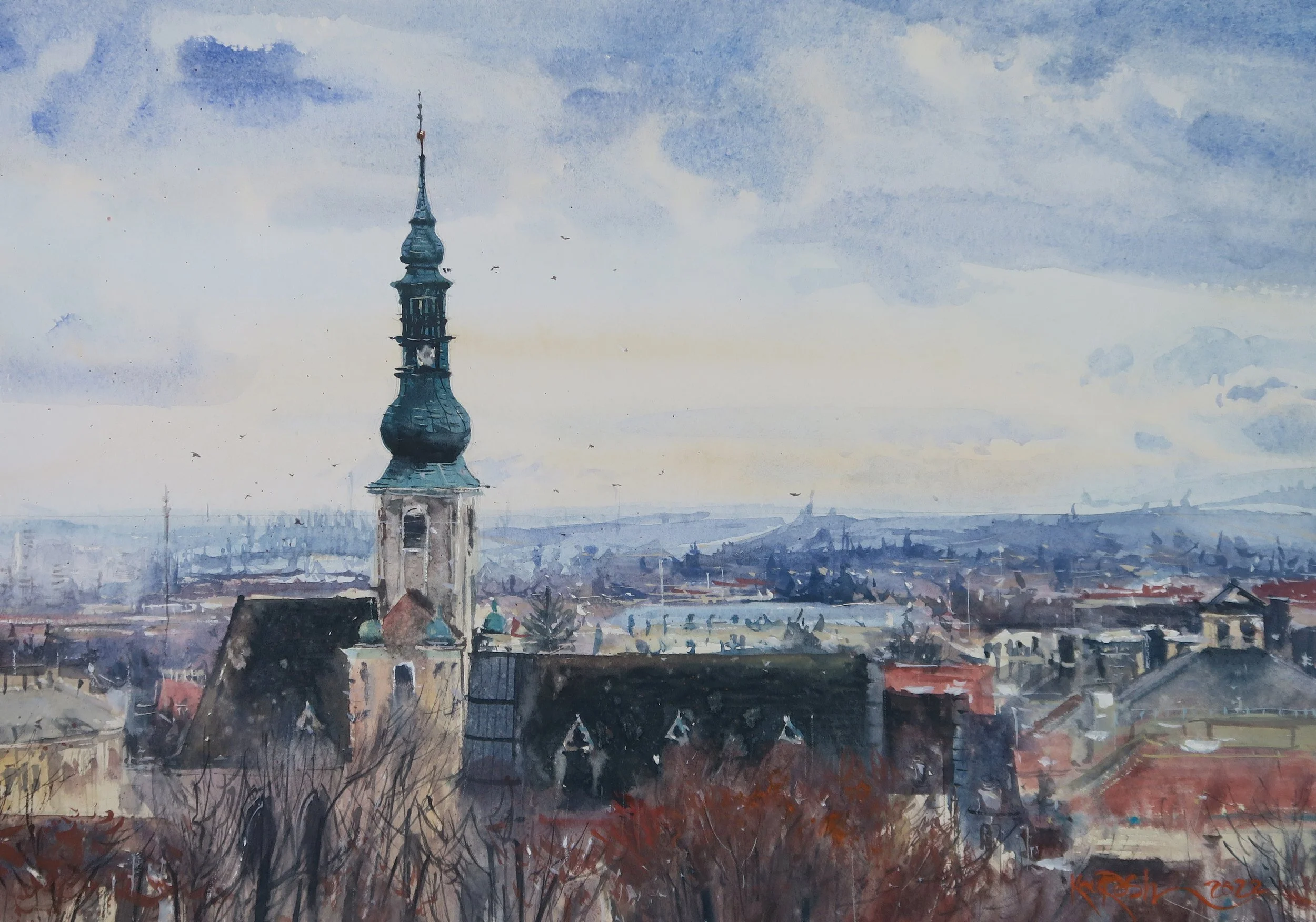 Watercolor painting showing the view of St Stephan church from Kurpark hills in Baden by Kourosh Aria