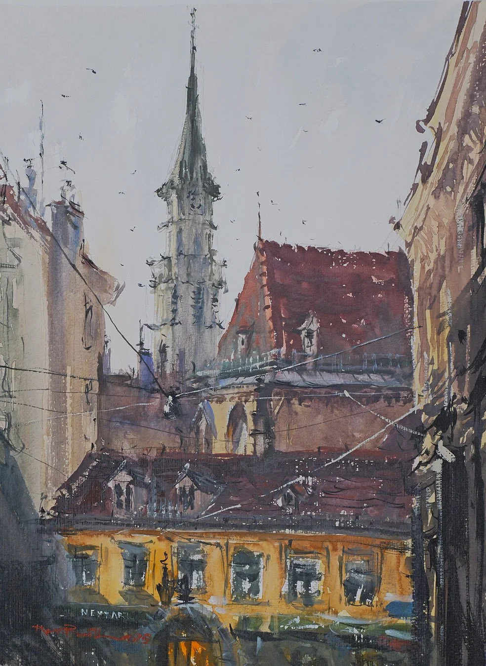Architectural watercolor painting of St Michael church spire viewed through narrow old town streets in Vienna by Kourosh Aria
