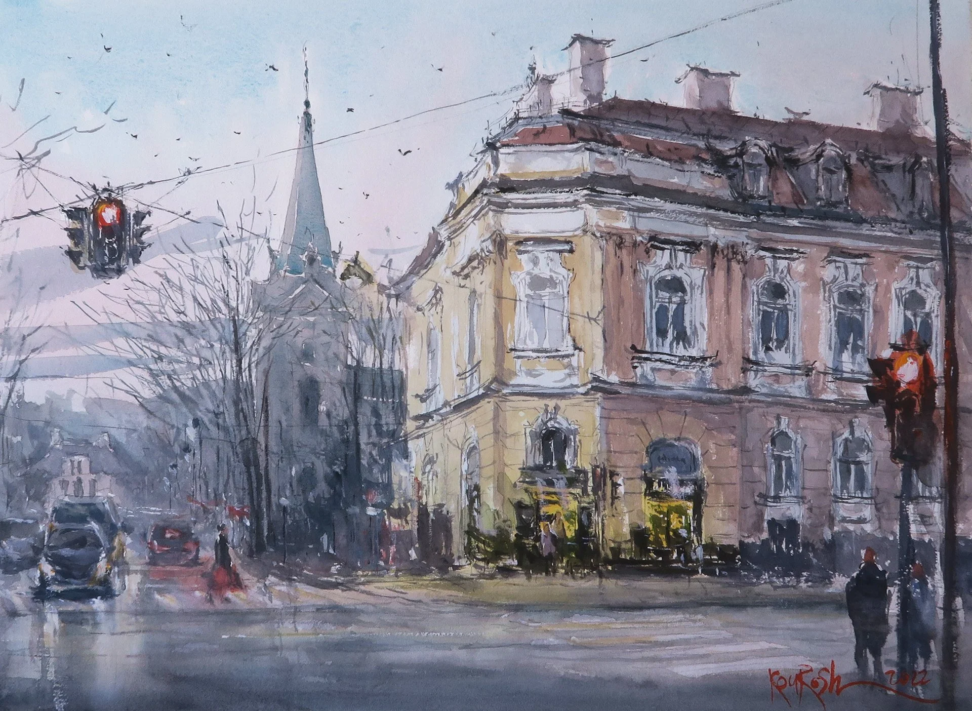 Classic Baden architecture watercolor painting showing intricate facade details by Kourosh Aria