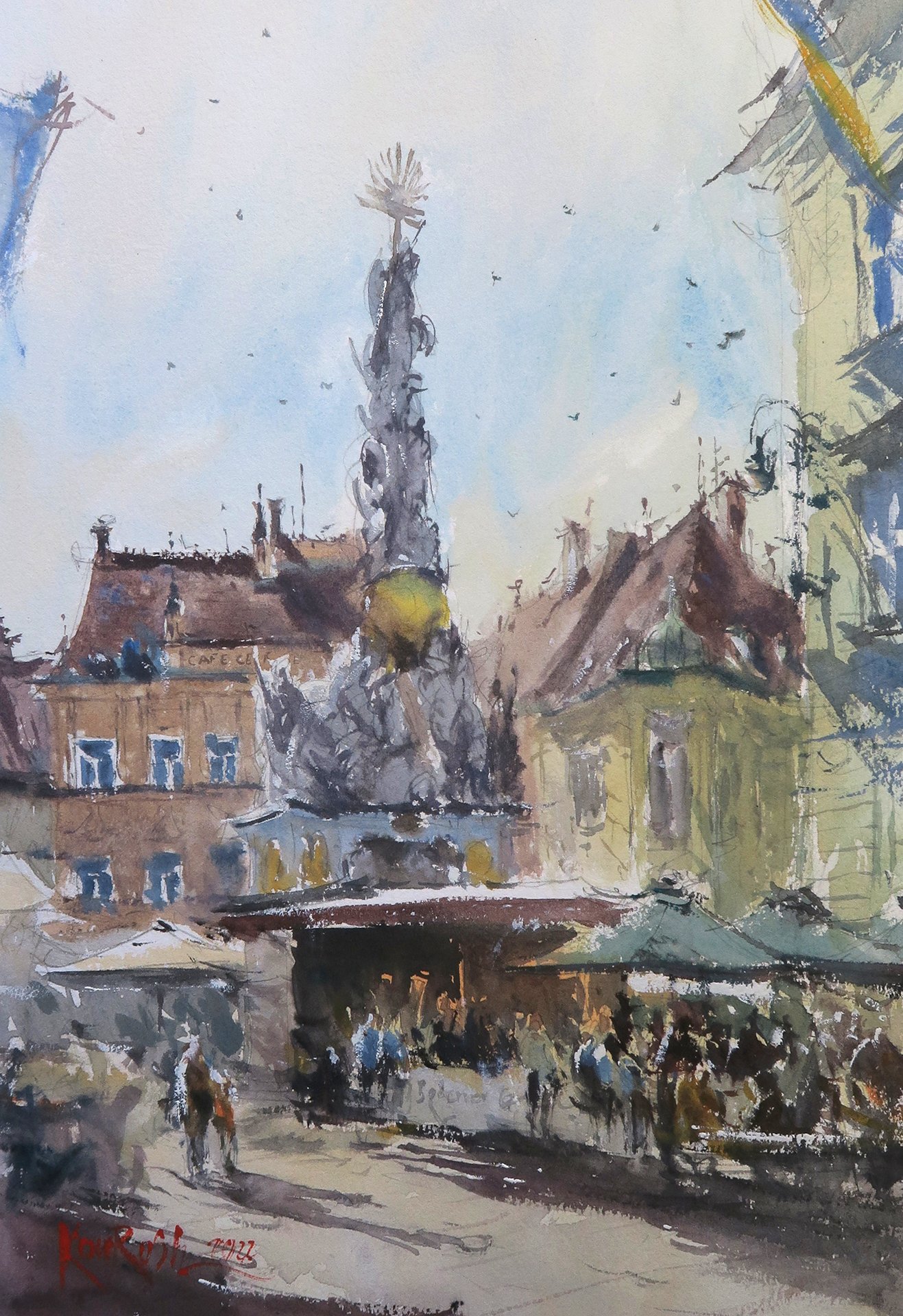 Vibrant outdoor café scene watercolor painting in Baden by Kourosh Aria