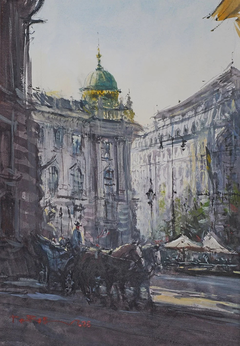 Vibrant watercolor artwork of a horse carriage moving past the green Hofburg dome in Vienna by Kourosh Aria