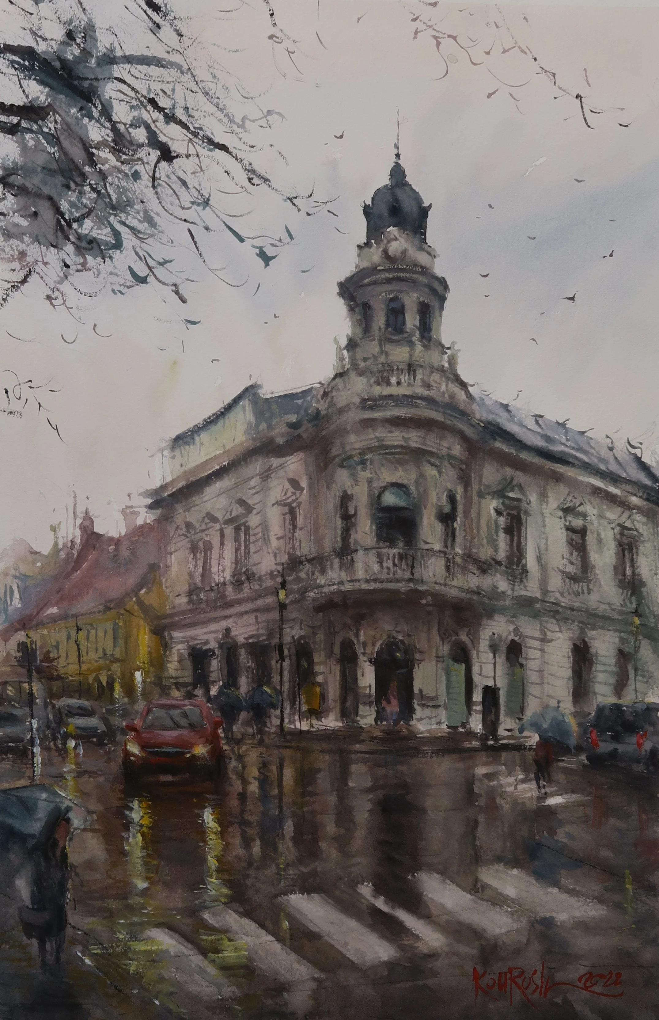 Urban Baden streetscape watercolor painting showing evening light on wet asphalt by Kourosh Aria