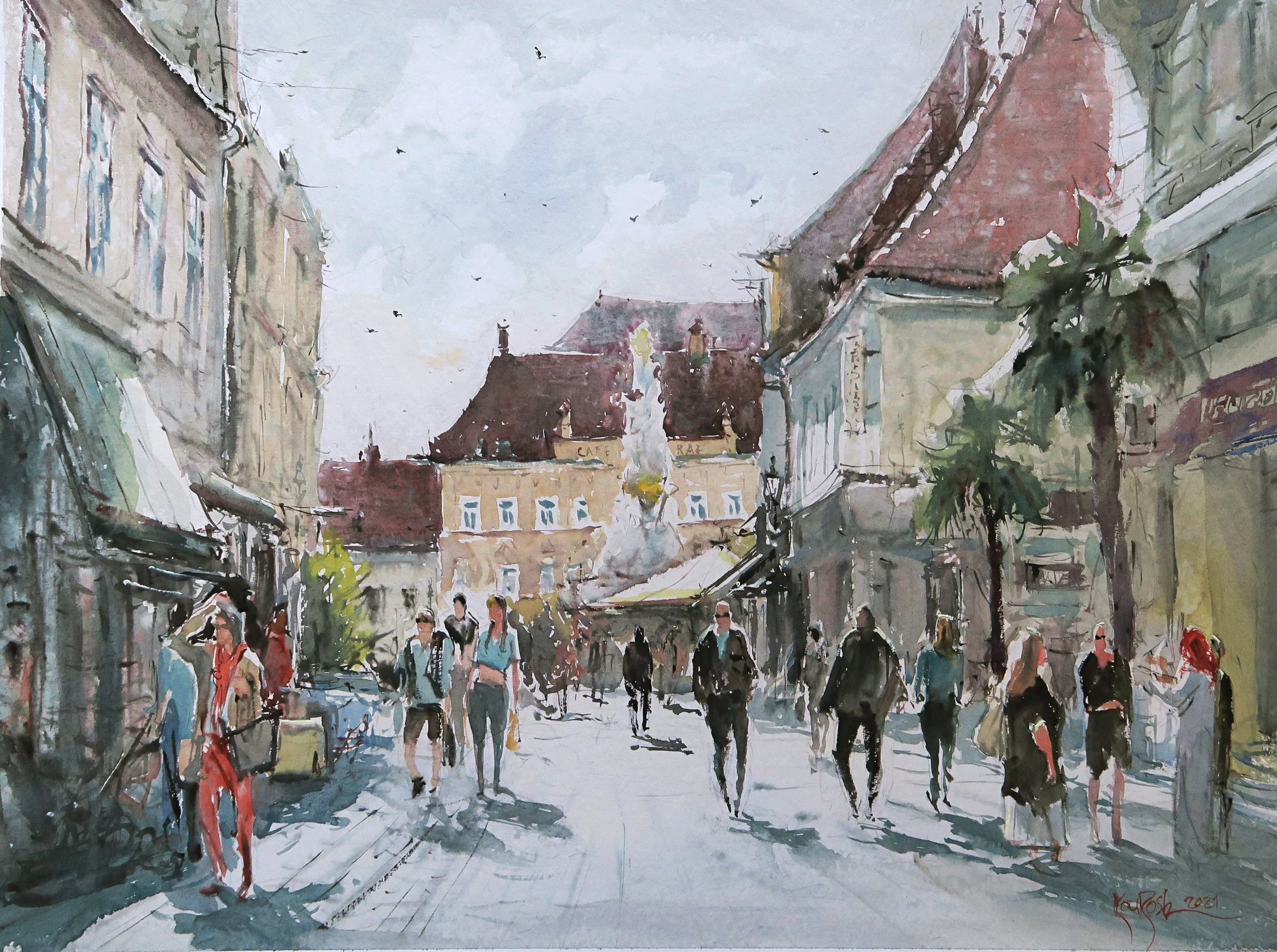 Vibrant outdoor café scene watercolor painting in Baden by Kourosh Aria