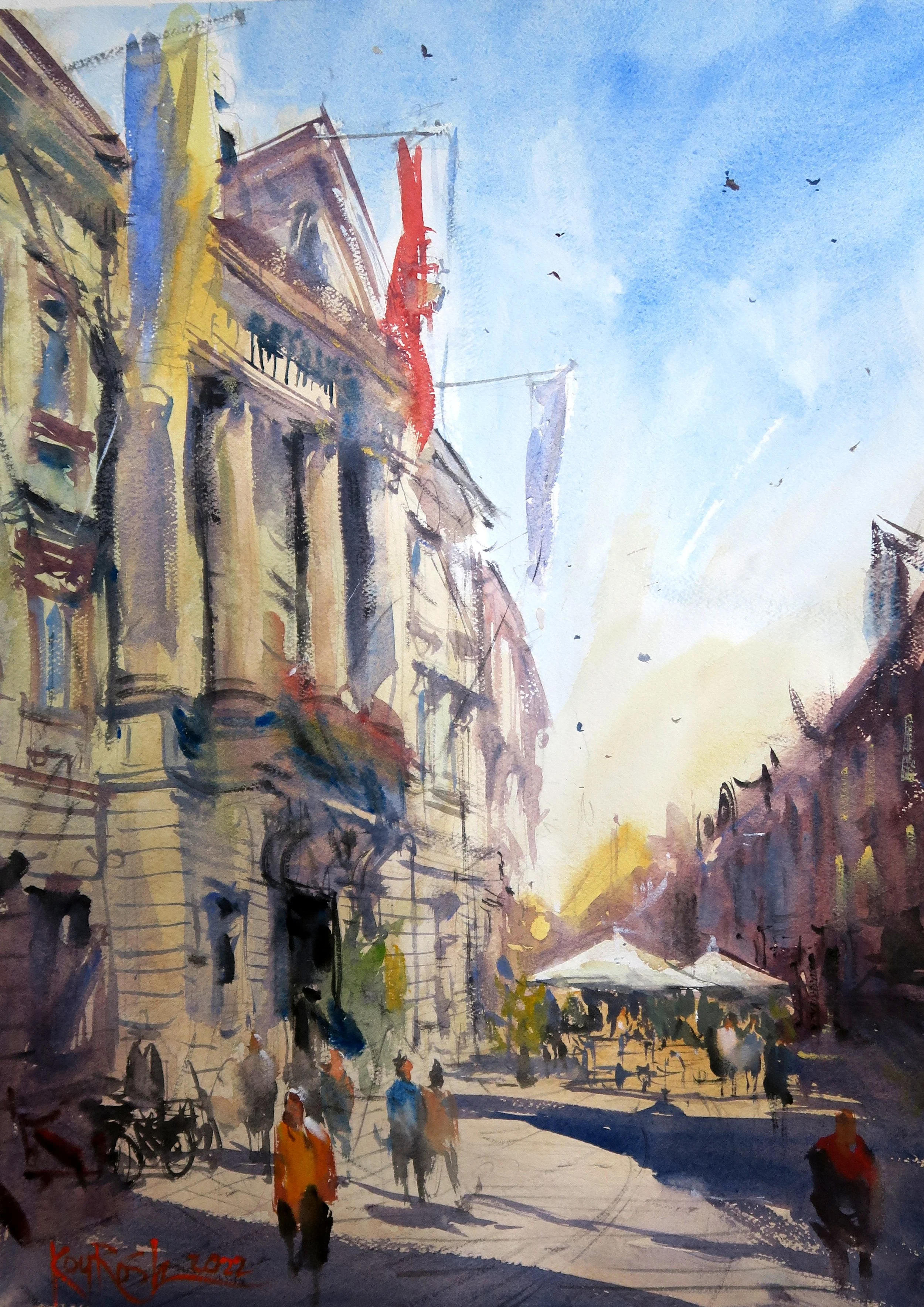 Classic Baden architecture watercolor painting showing intricate facade details by Kourosh Aria