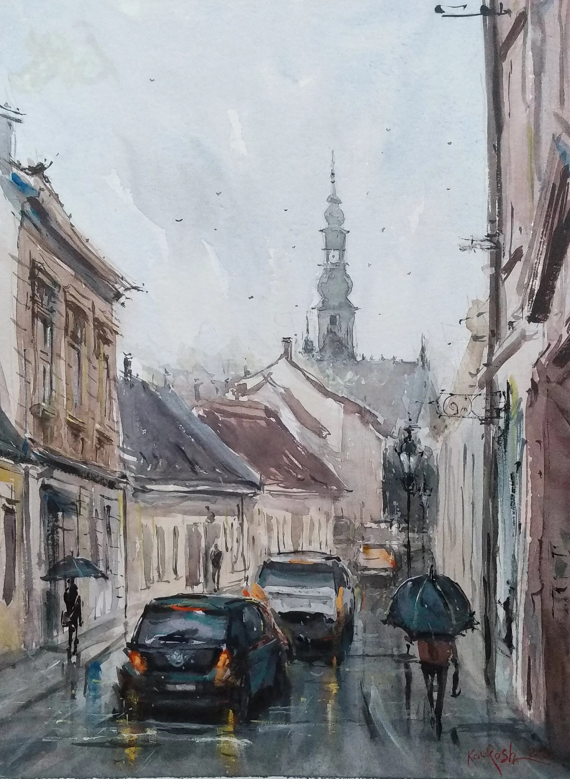 Watercolor painting of Annagasse street on a rainy day in Baden by Kourosh Aria
