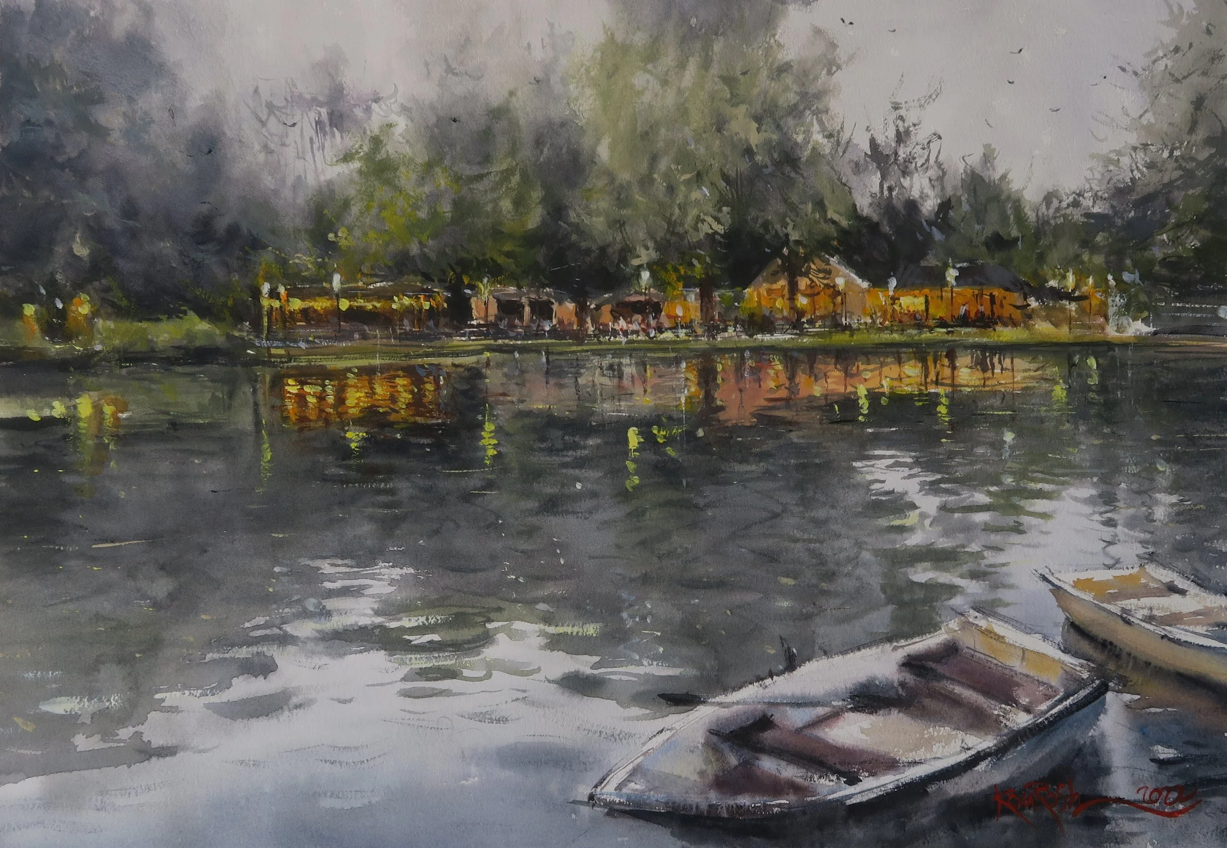 Night landscape watercolor painting of Doblhoffpark lake in Baden by Kourosh Aria