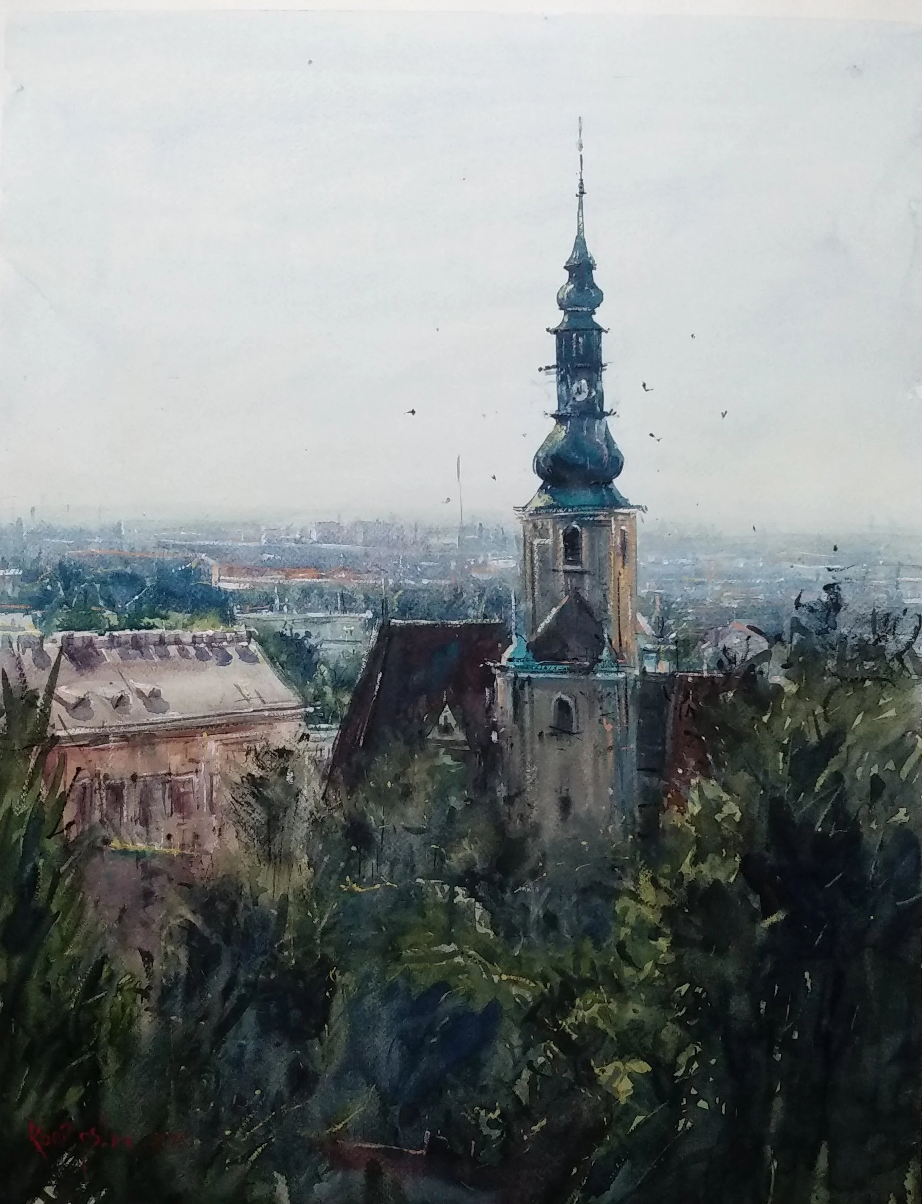 Watercolor painting showing the view of St Stephan church from Kurpark hills in Baden by Kourosh Aria