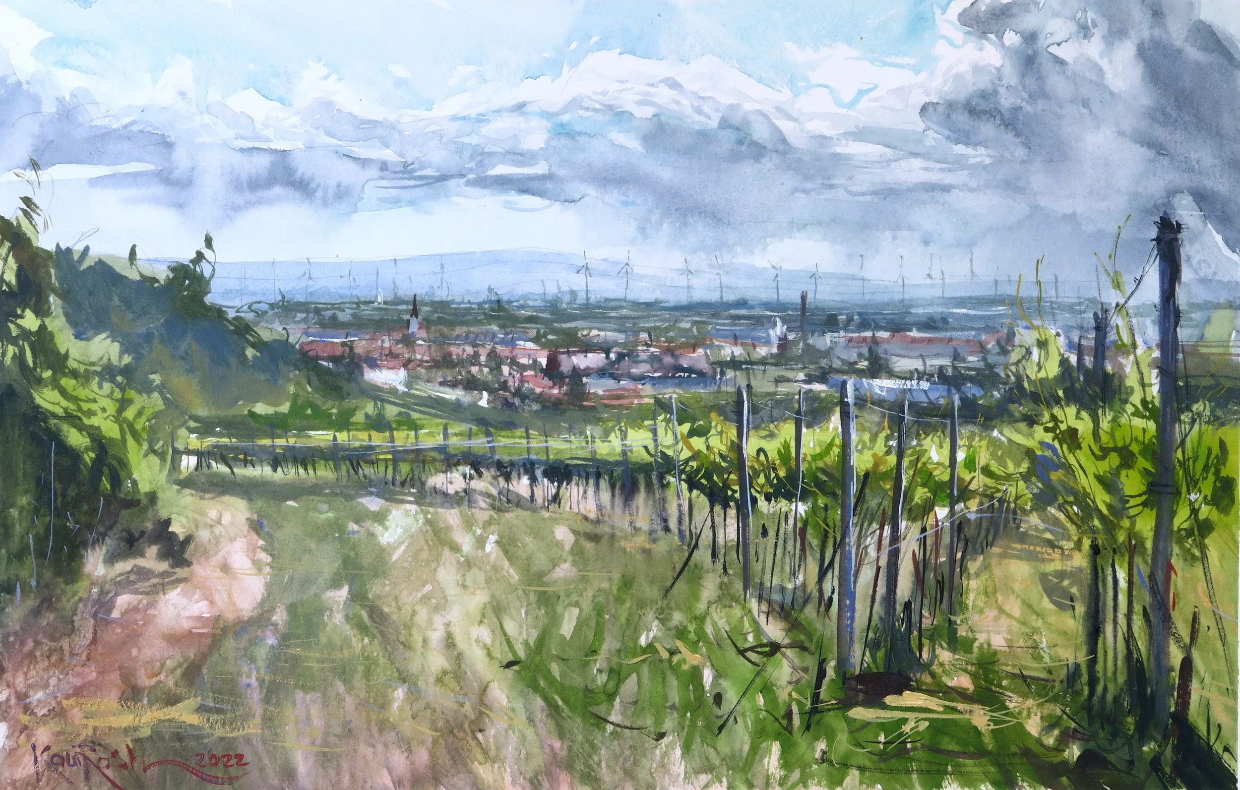 Watercolor painting of grape vineyards under a cloudy sky in Baden by Kourosh Aria