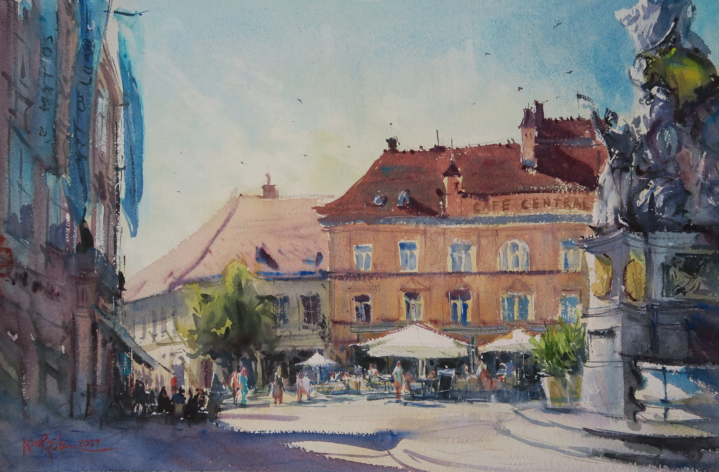 Watercolor painting of Cafe Central in Baden city center on a sunny day by Kourosh Aria