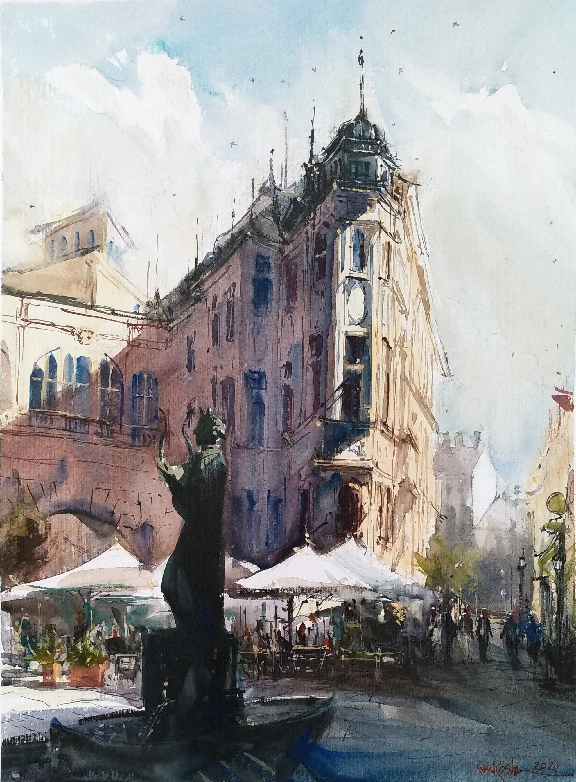 Classic Baden architecture watercolor painting showing intricate facade details by Kourosh Aria