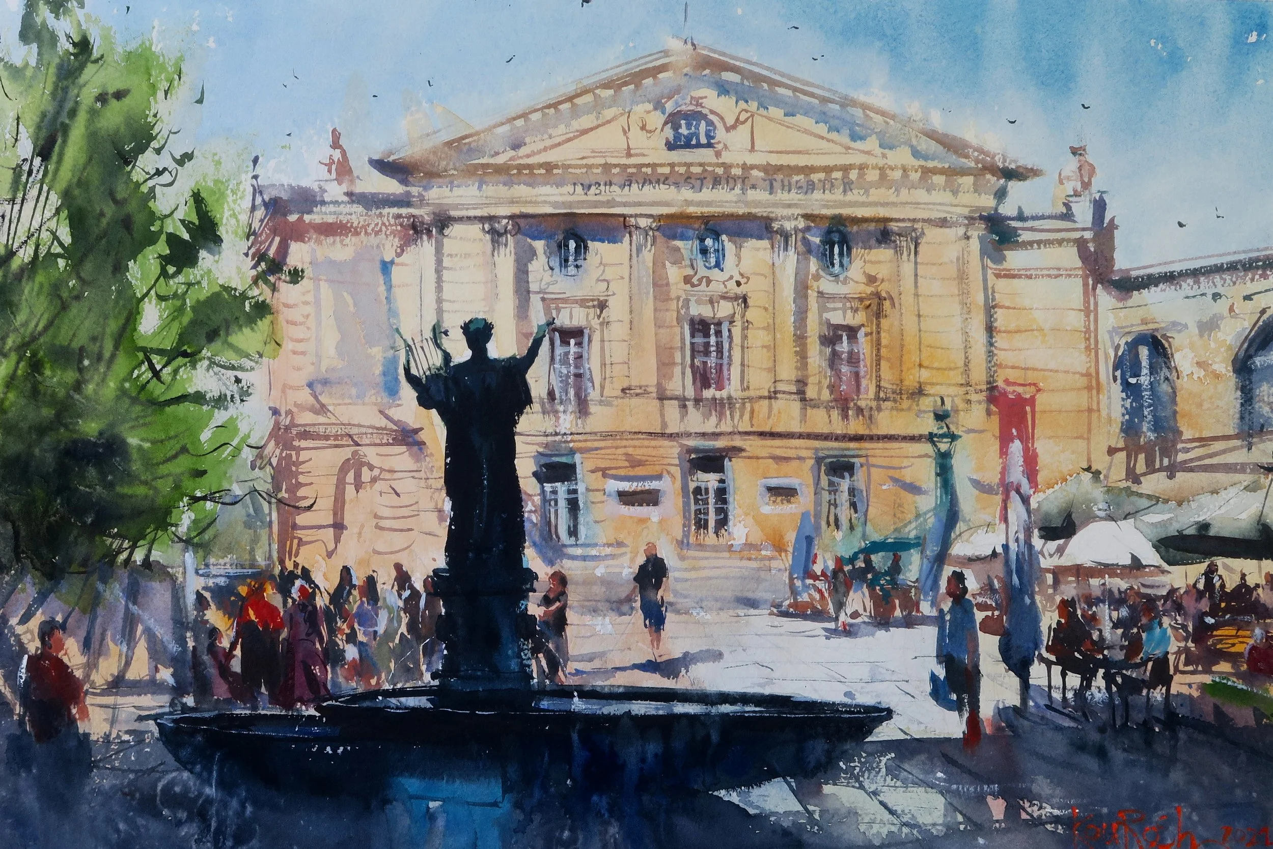 Classic Baden architecture watercolor painting showing intricate facade details by Kourosh Aria