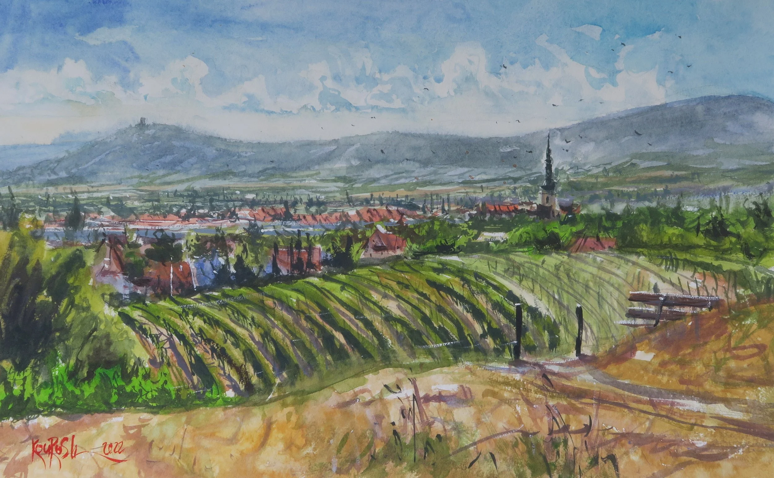 Watercolor painting of sunny grape vineyards landscape in Baden by Kourosh Aria