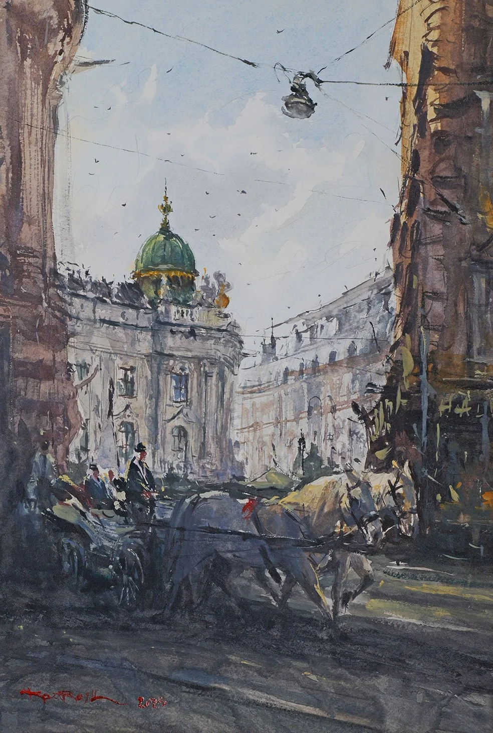 Watercolor painting of traditional Fiaker horse carriage at Michaelerplatz near Hofburg dome in Vienna by Kourosh Aria
