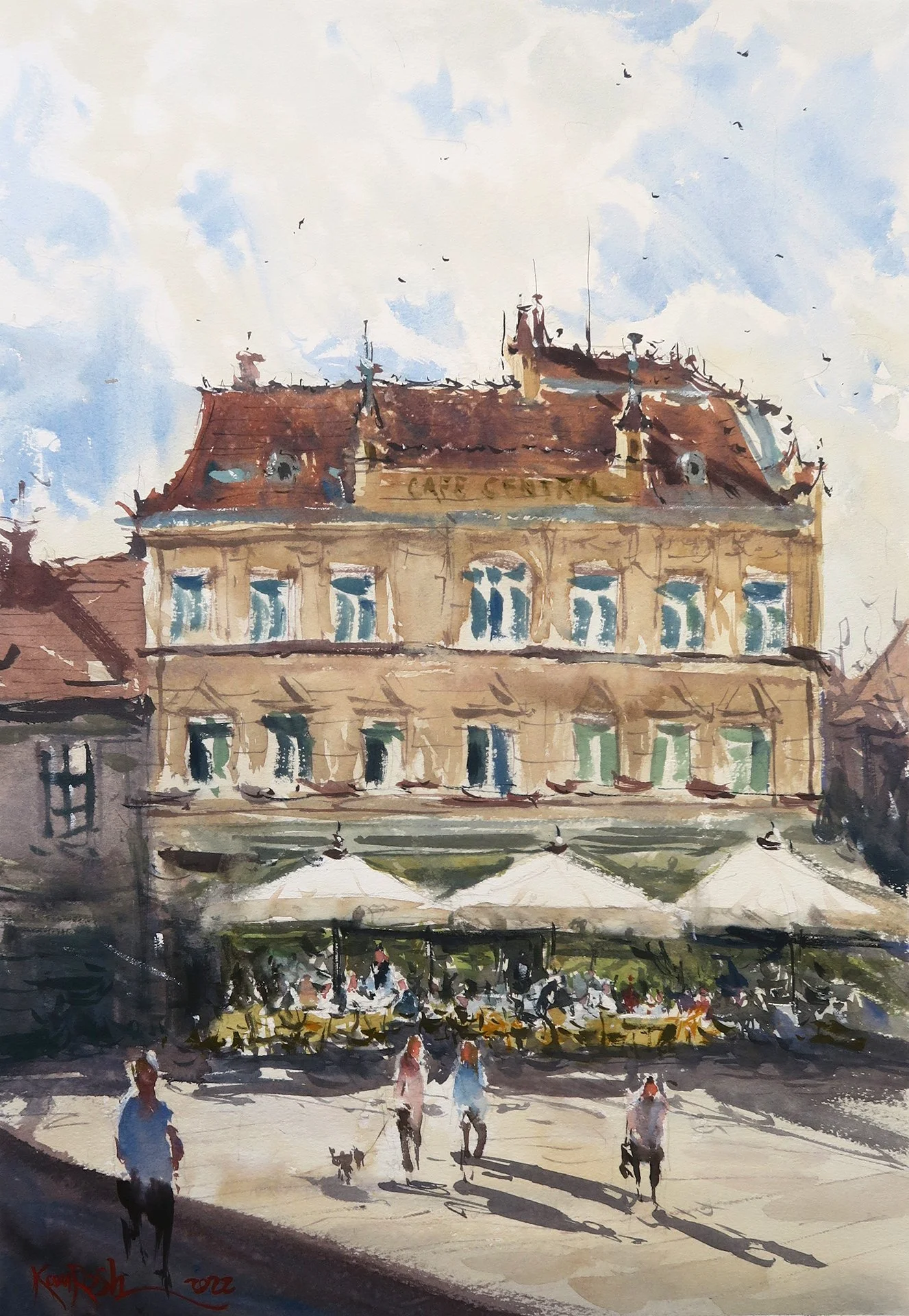 Watercolor painting of Cafe Central in Baden city center on a sunny day by Kourosh Aria