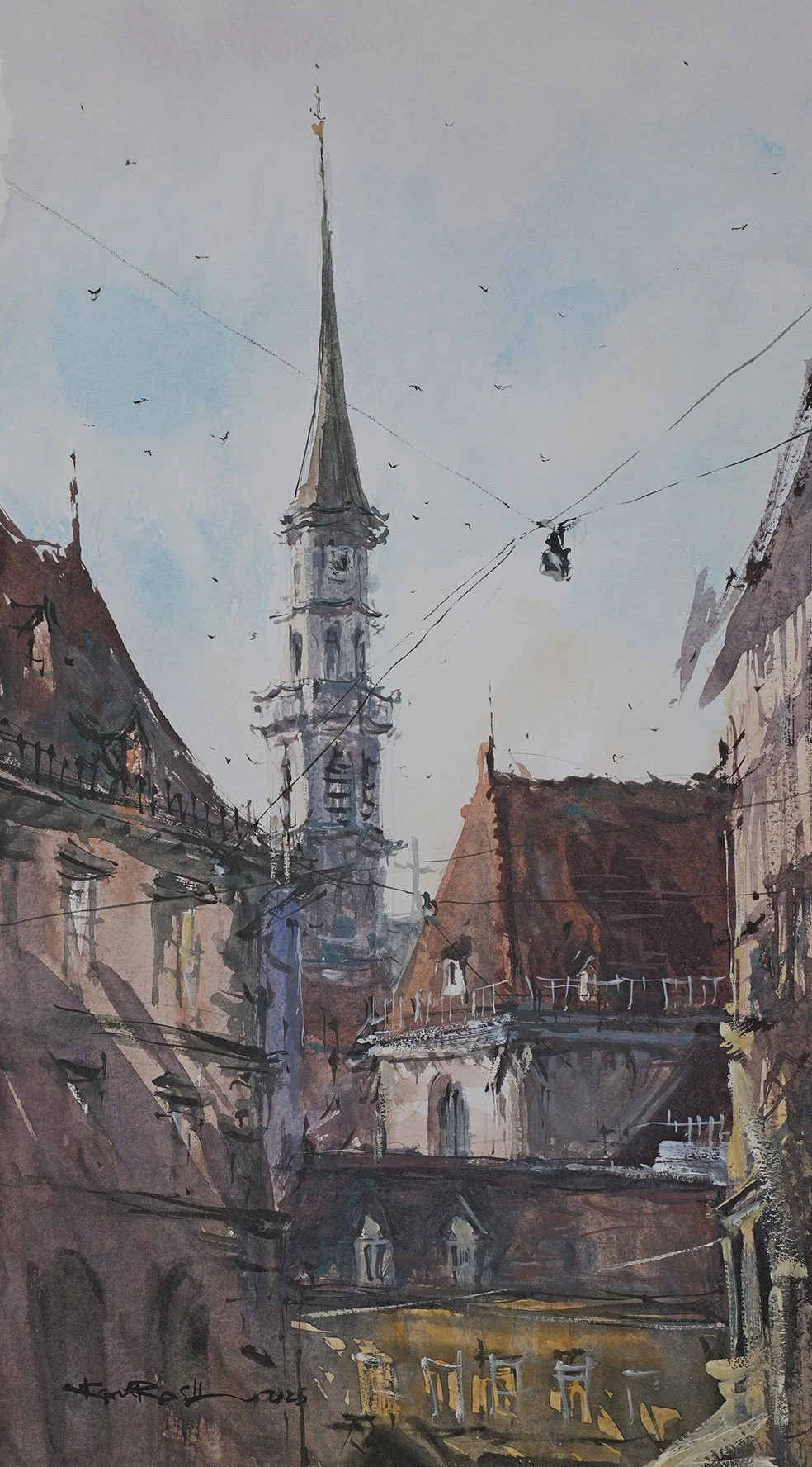 Atmospheric watercolor painting showing historic St Michael church tower in Vienna old town by Kourosh Aria