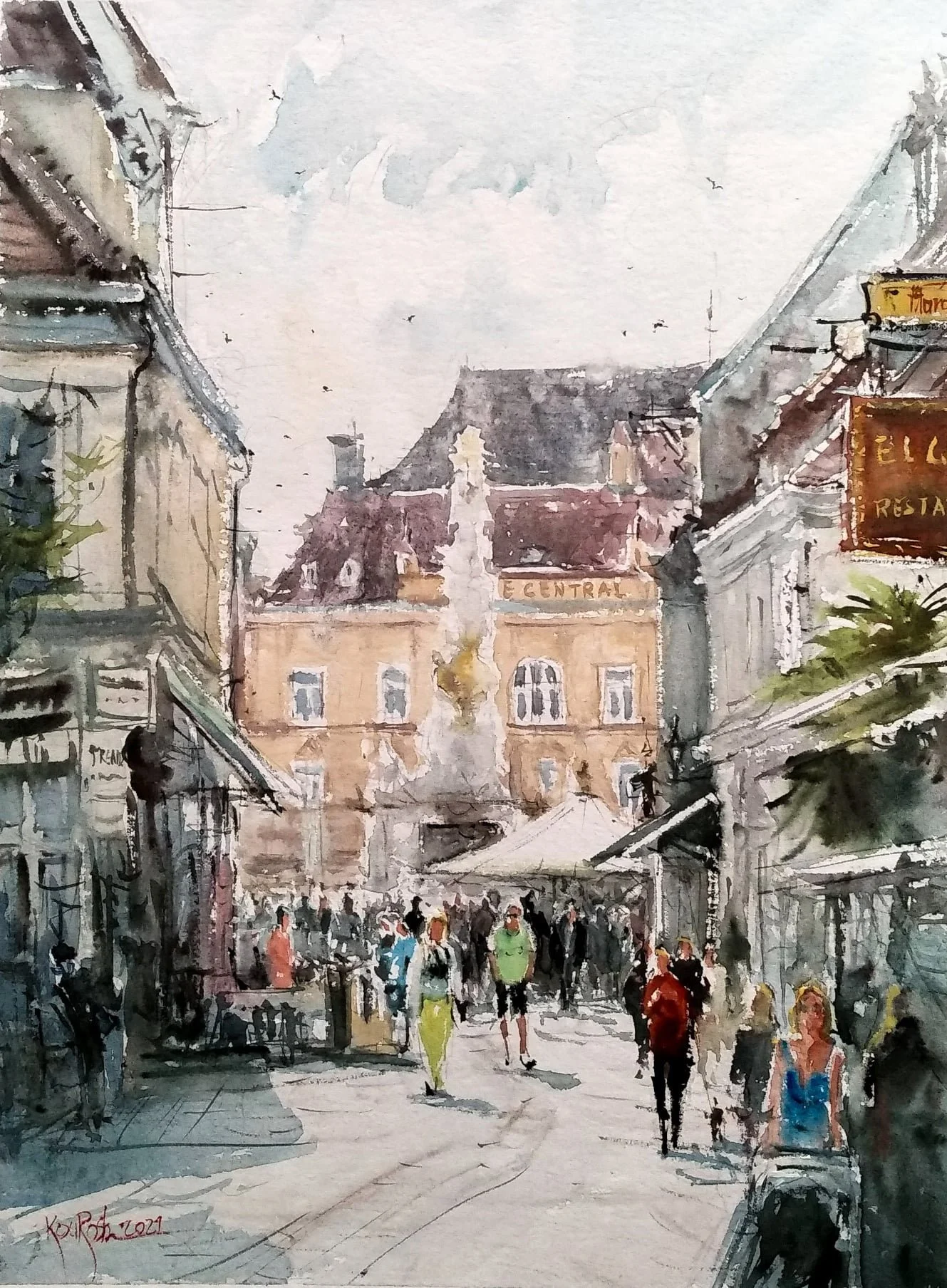 Vibrant outdoor café scene watercolor painting in Baden by Kourosh Aria