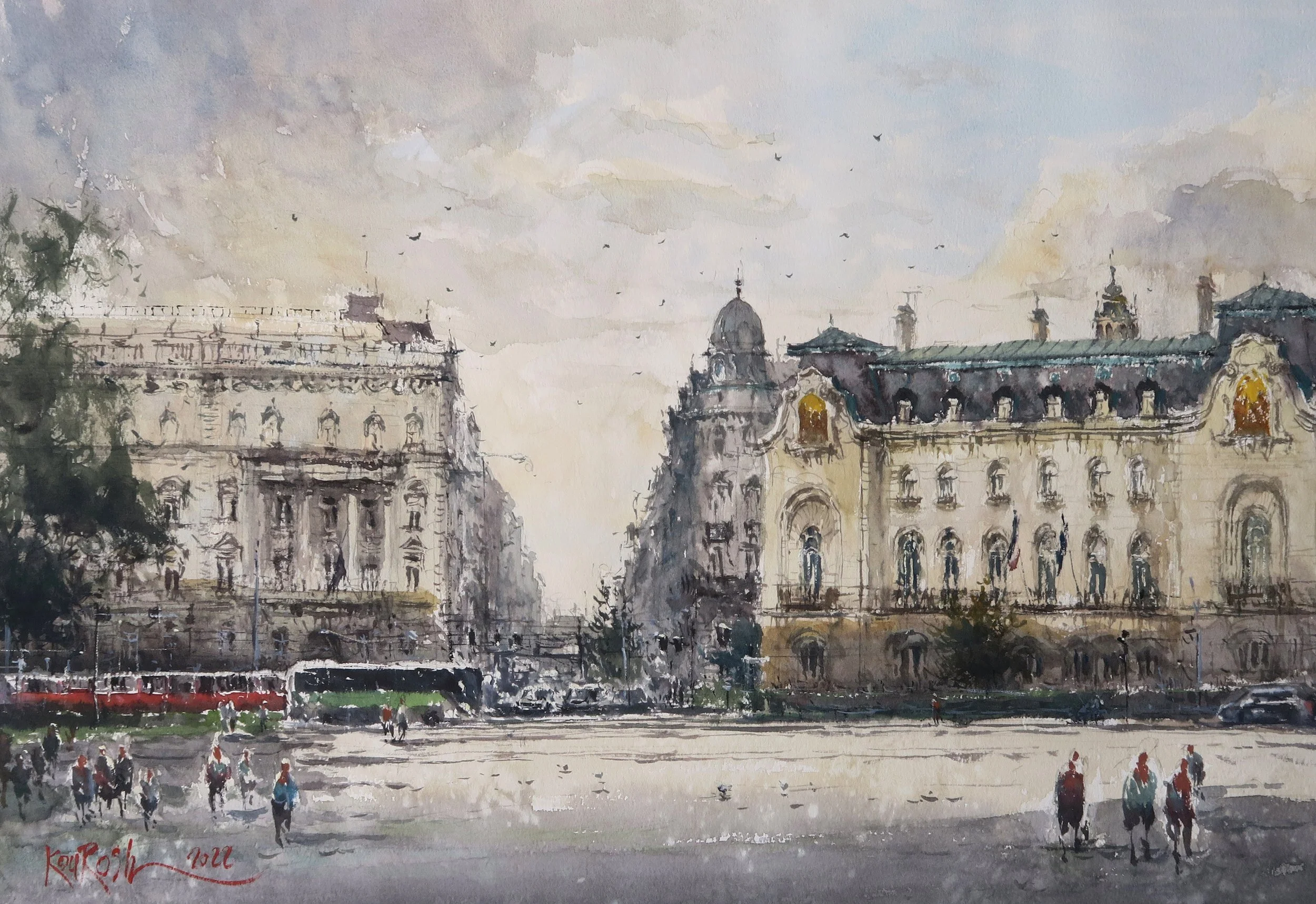 Detailed architectural watercolor painting of the French Embassy building in Vienna by Kourosh Aria