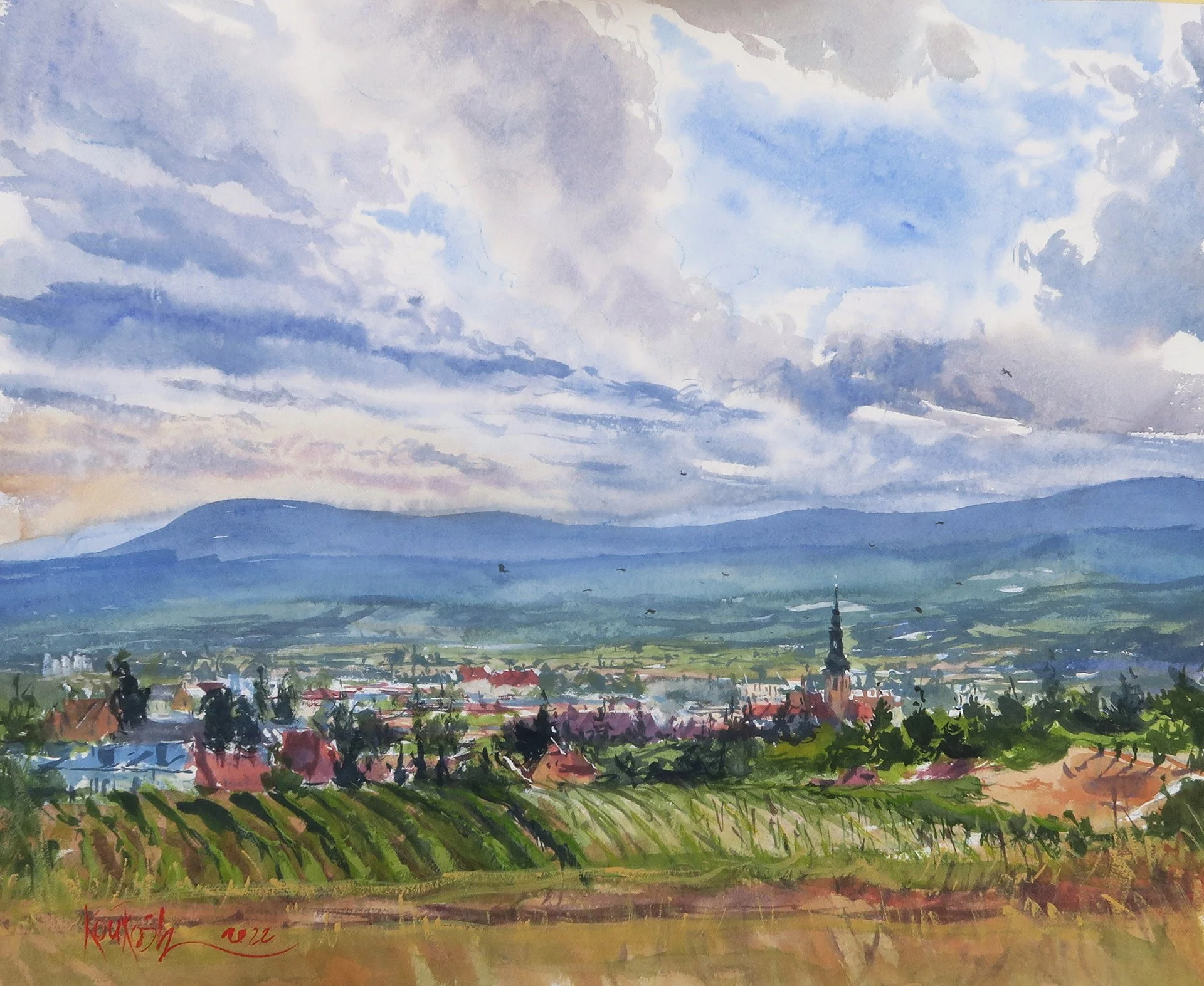 Scenic landscape watercolor artwork of beautiful grape vineyards in Baden by Kourosh Aria