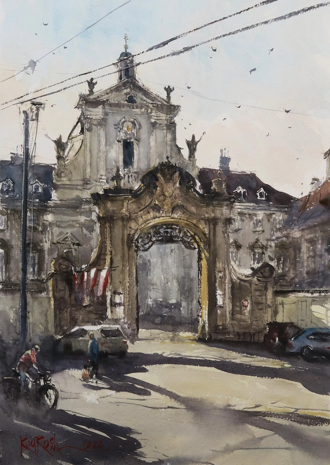 Classic Vienna architecture watercolor painting showing intricate facade details by Kourosh Aria