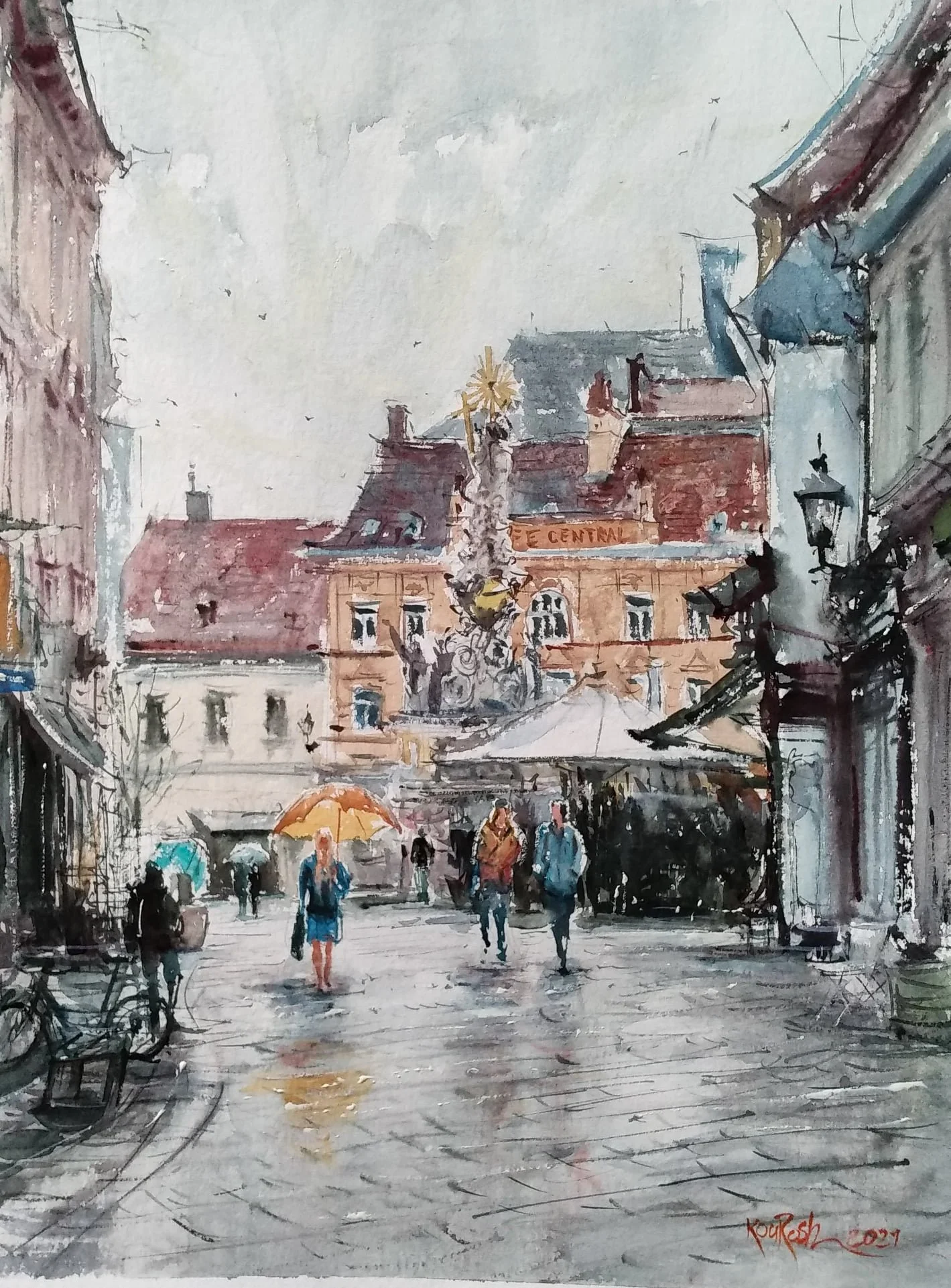 Moody rainy Baden city scene watercolor painting featuring historic architecture by Kourosh Aria