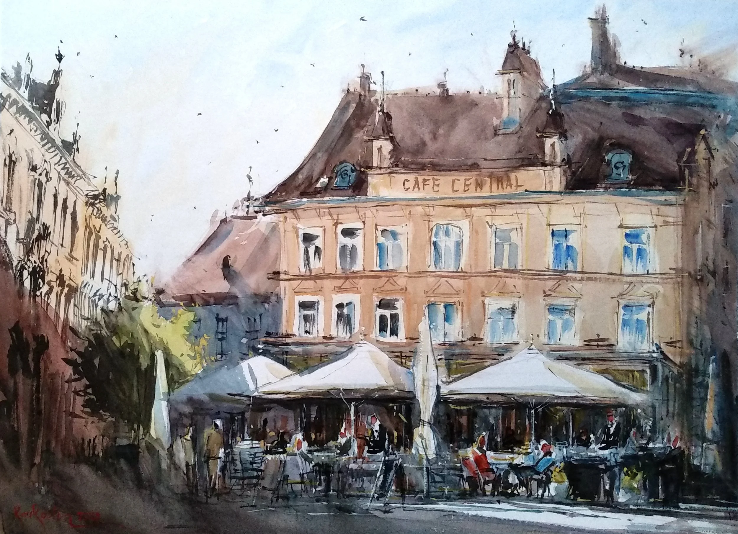 Watercolor painting of Cafe Central in Baden city center on a sunny day by Kourosh Aria