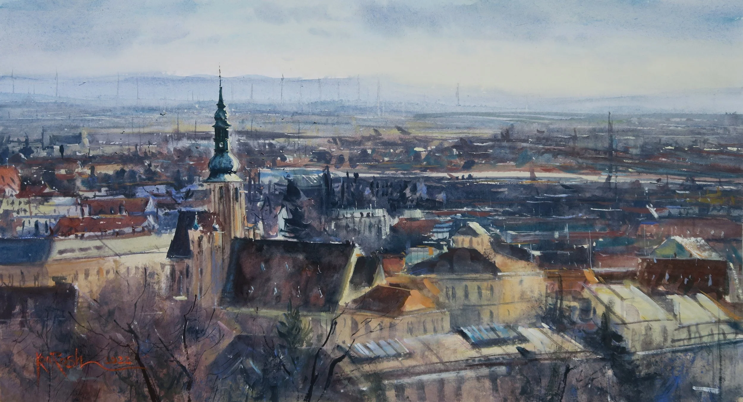 Watercolor painting showing the view of St Stephan church from Kurpark hills in Baden by Kourosh Aria
