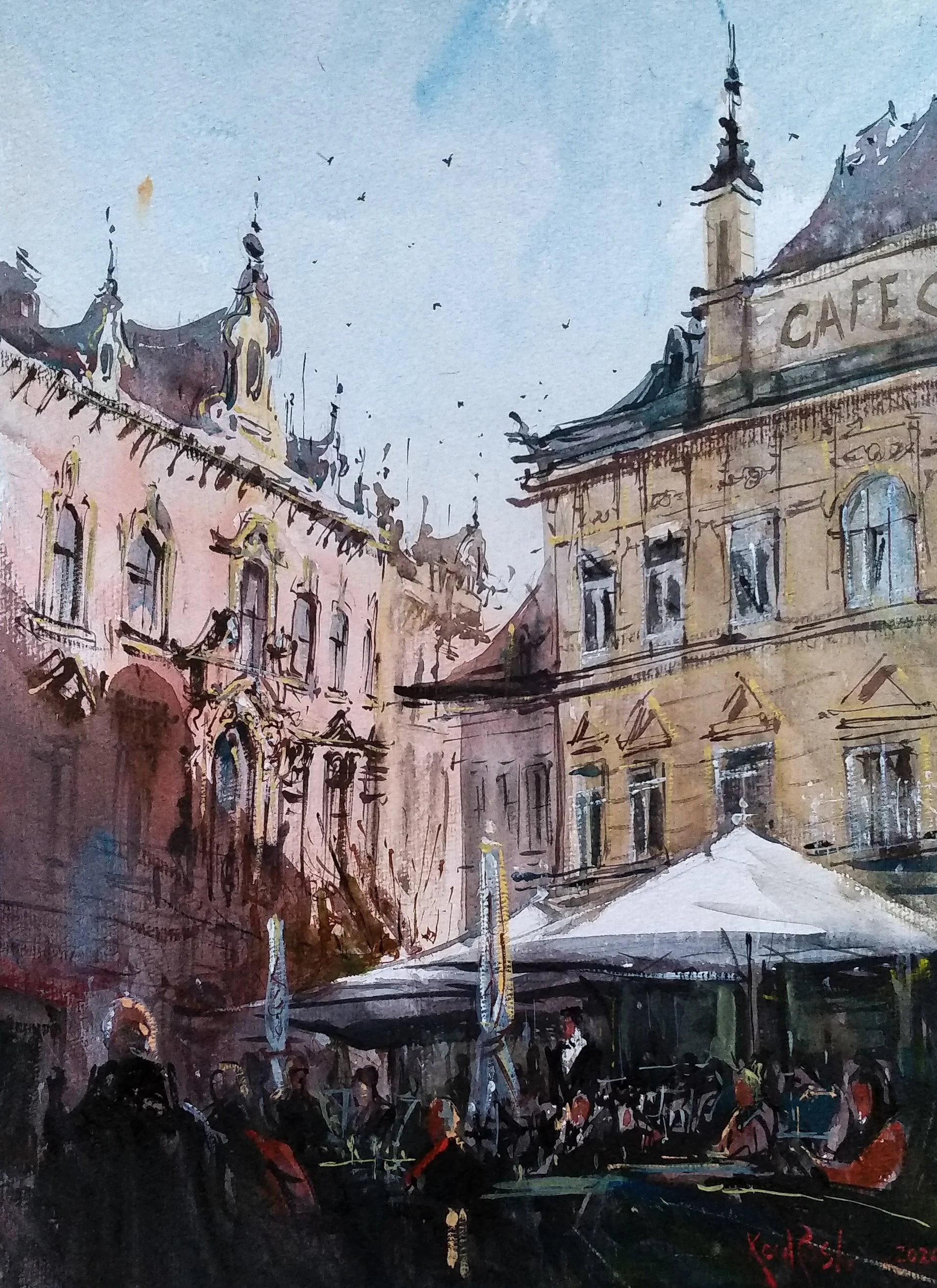 Watercolor painting of Cafe Central in Baden city center on a sunny day by Kourosh Aria