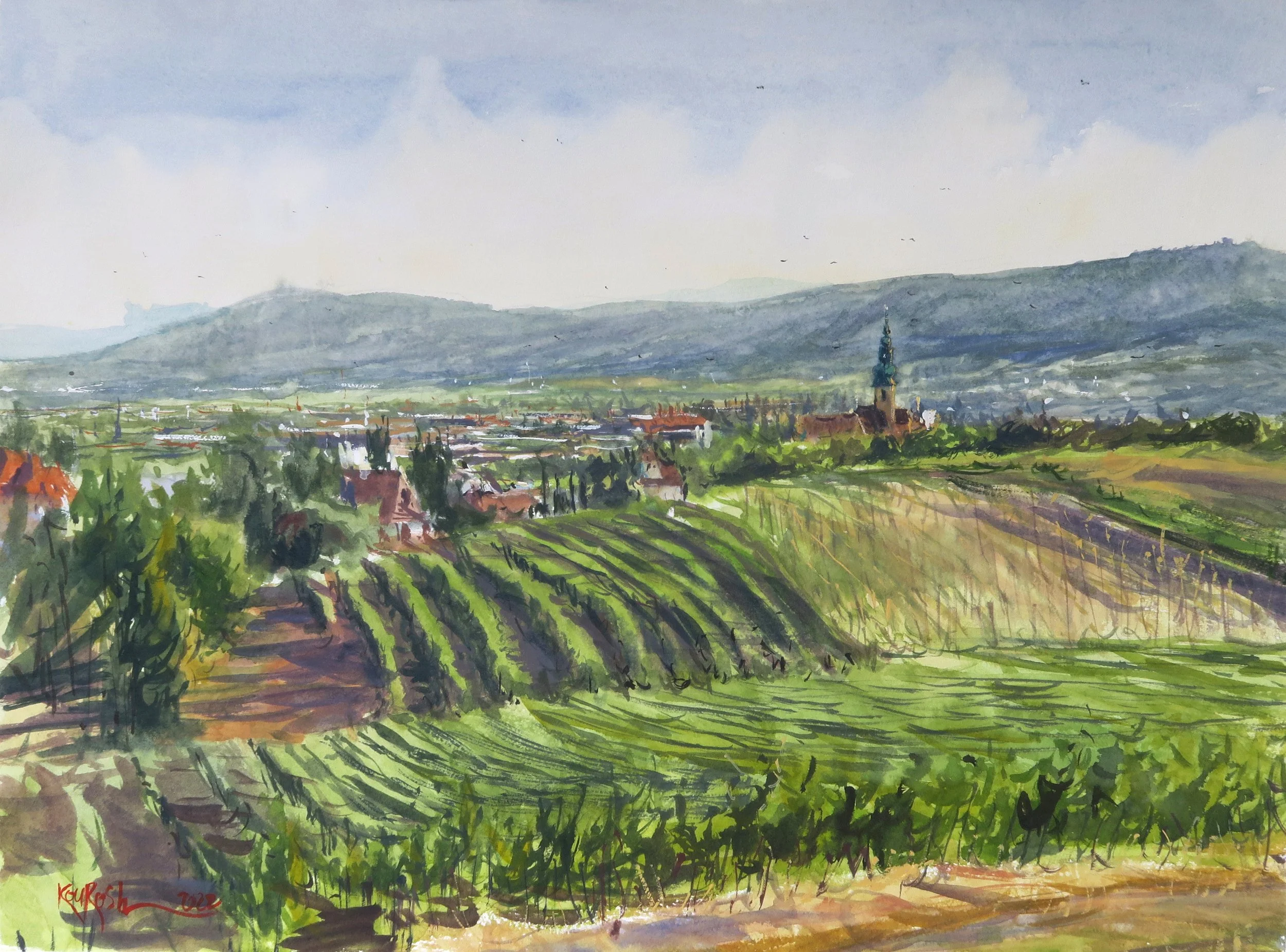 Watercolor painting of sunny grape vineyards landscape in Baden by Kourosh Aria
