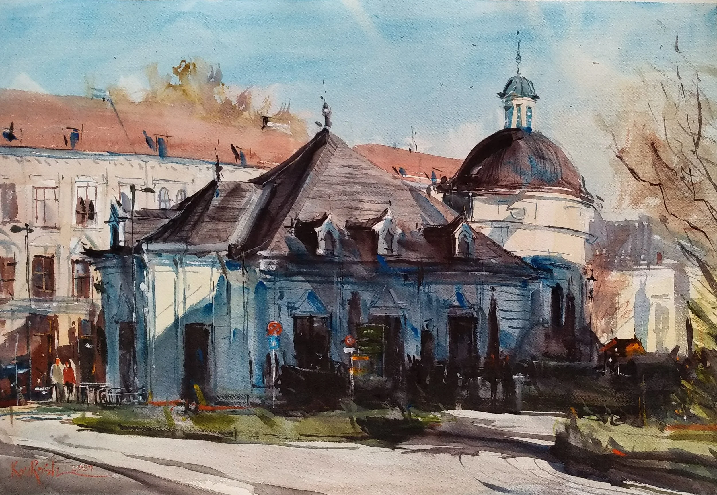 Watercolor painting of El Gaucho restaurant at Josefsplatz in Baden by Kourosh Aria