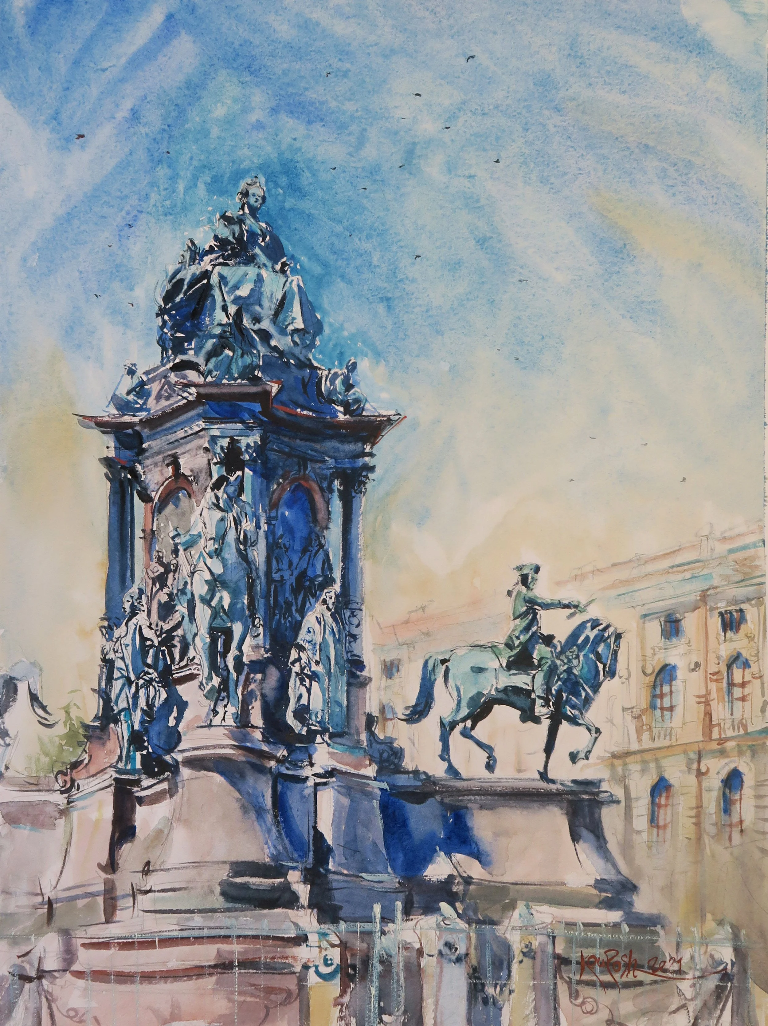 Watercolor painting of Maria Theresa monument sculpture at Maria-Theresien-Platz in Vienna by Kourosh Aria