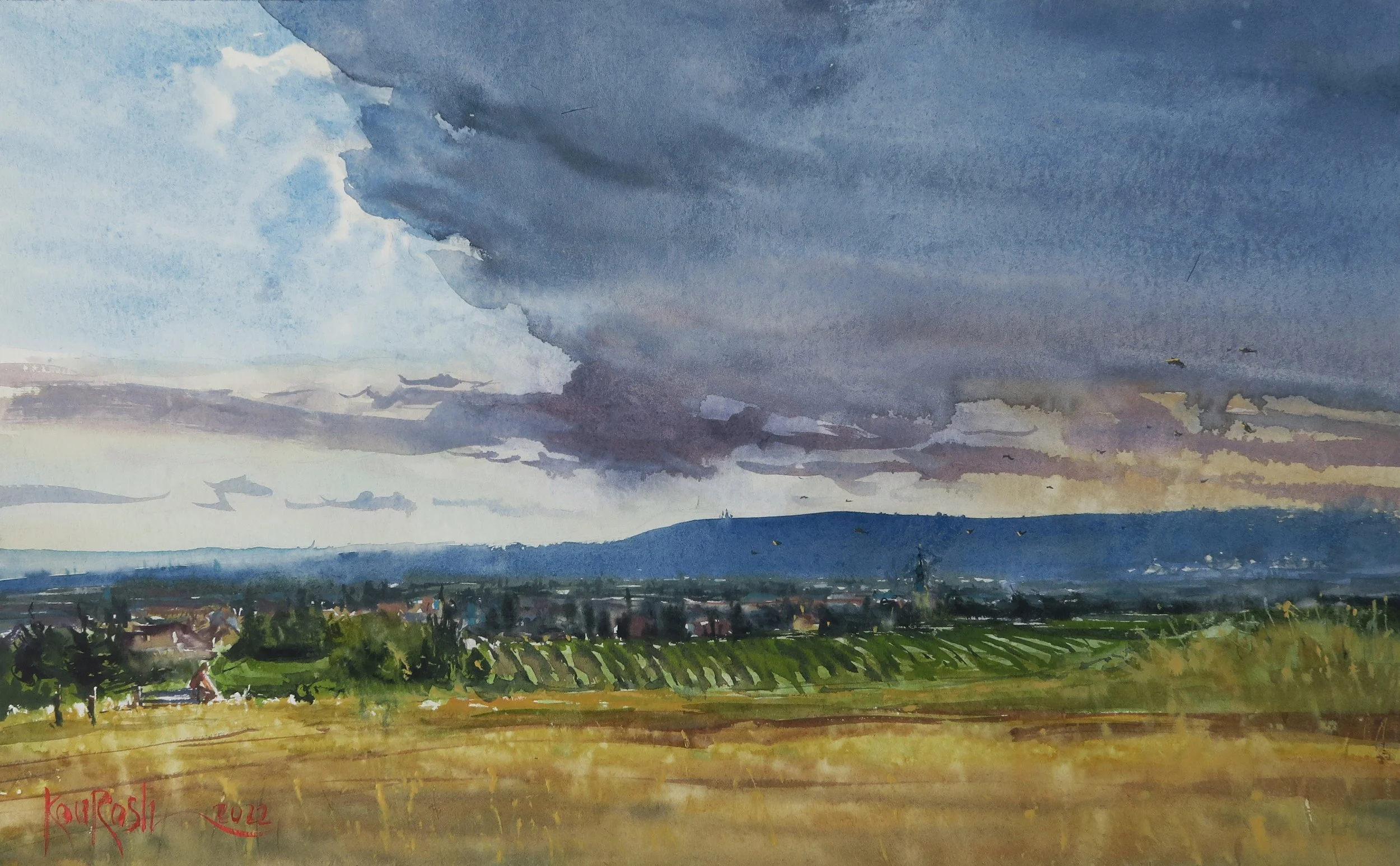 Watercolor painting of grape vineyards under a cloudy sky in Baden by Kourosh Aria