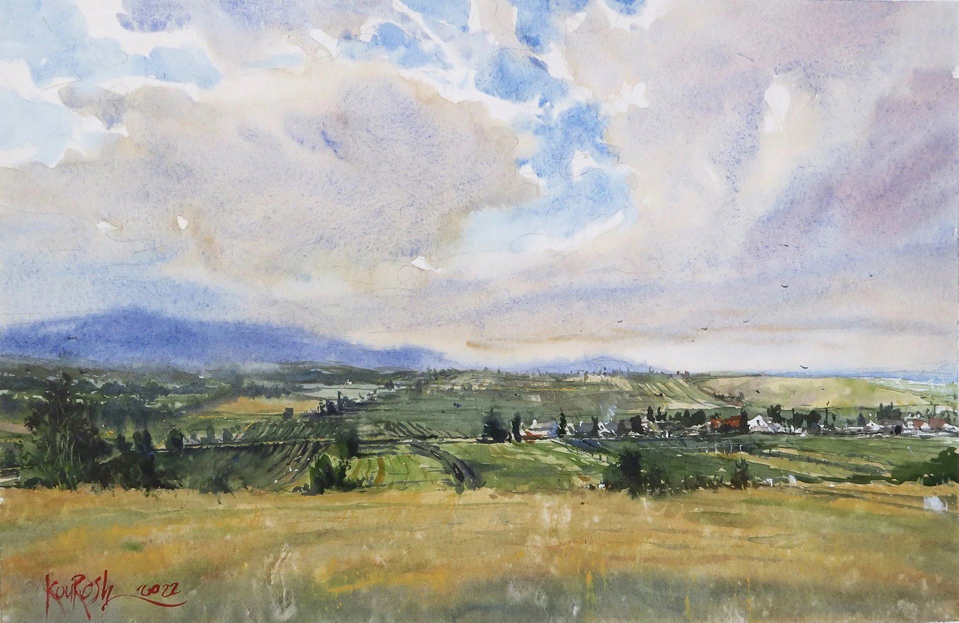 Scenic landscape watercolor artwork of beautiful grape vineyards in Baden by Kourosh Aria