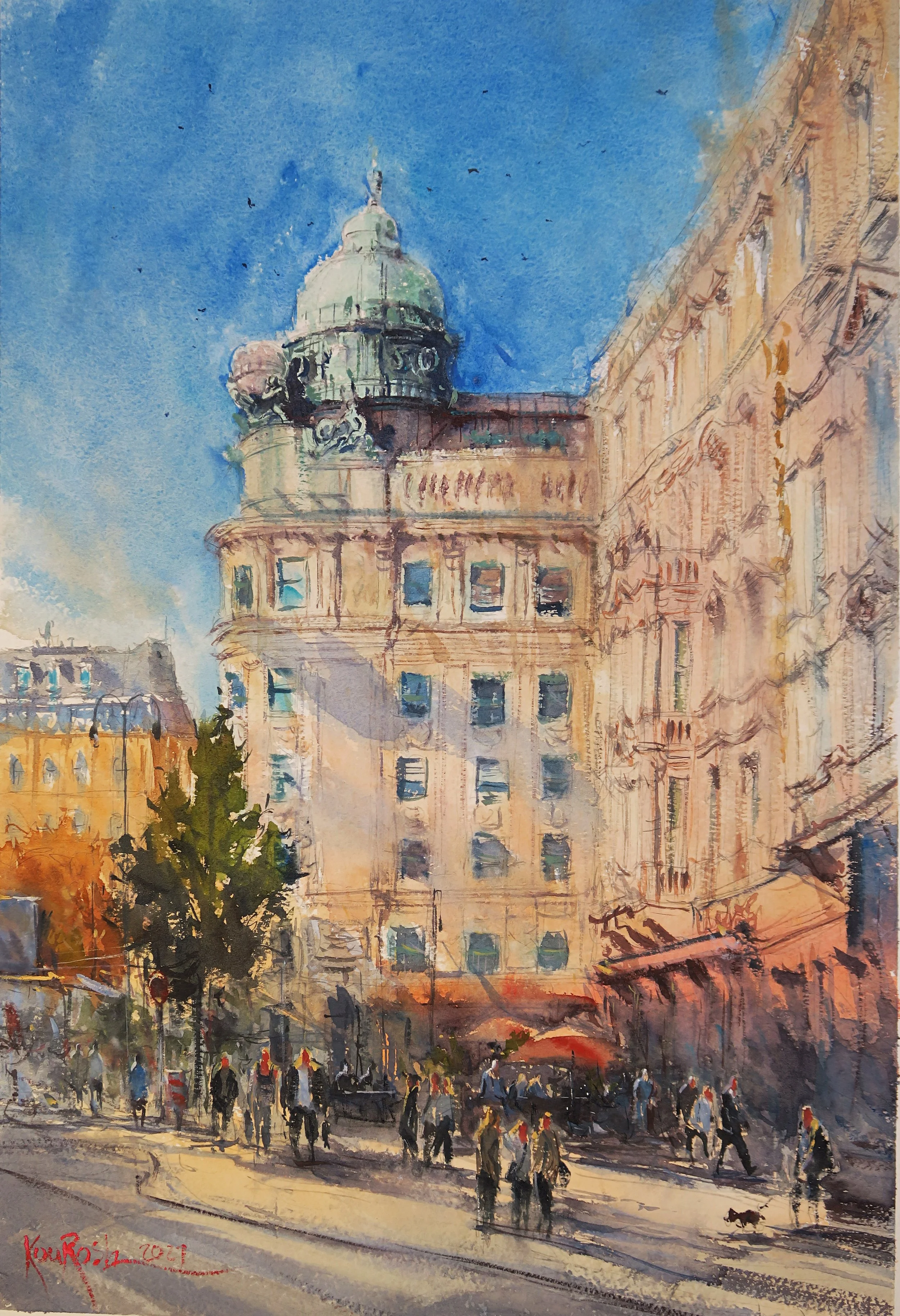 Classic Vienna architecture watercolor painting showing intricate facade details by Kourosh Aria