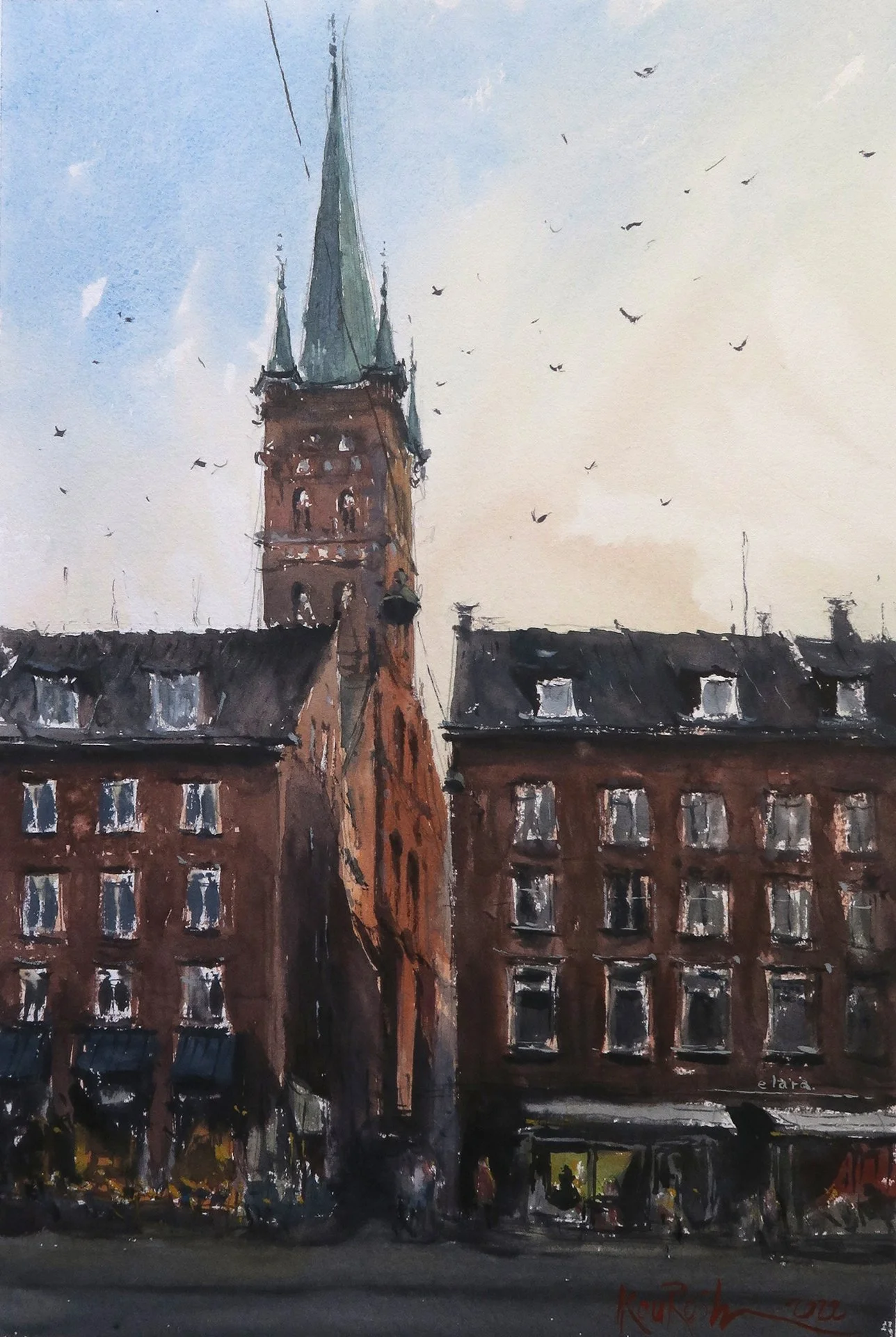 Architectural watercolor painting of historic gothic church tower and brick facades in Lubeck Germany by Kourosh Aria
