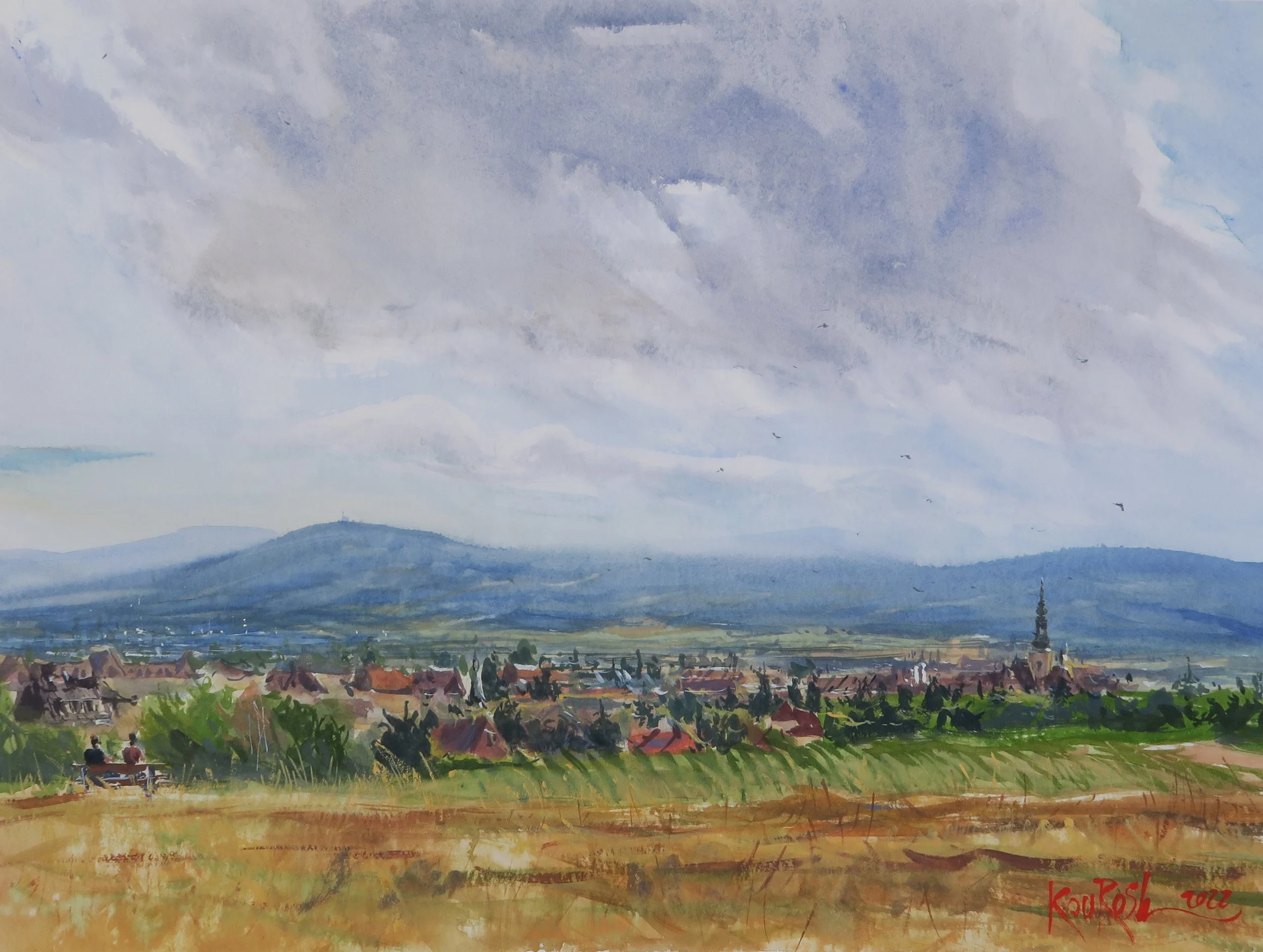 Watercolor painting of grape vineyards under a cloudy sky in Baden by Kourosh Aria