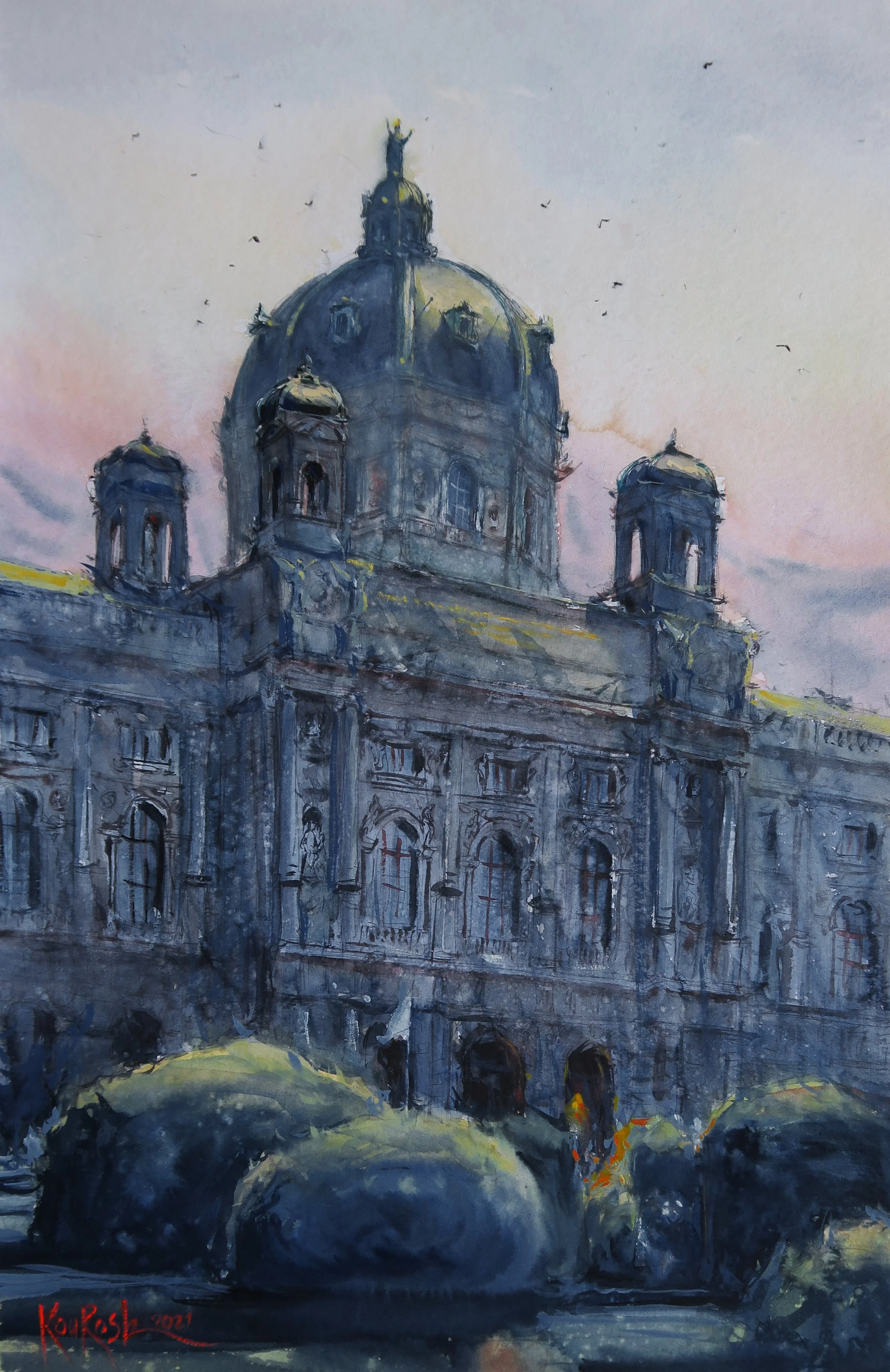 Dramatic architectural watercolor painting of Kunsthistorisches Museum facade and dome in Vienna by Kourosh Aria