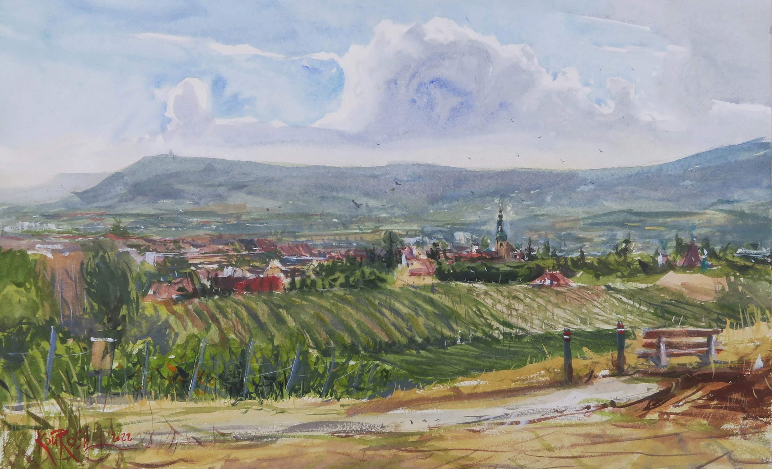 Watercolor painting of sunny grape vineyards landscape in Baden by Kourosh Aria