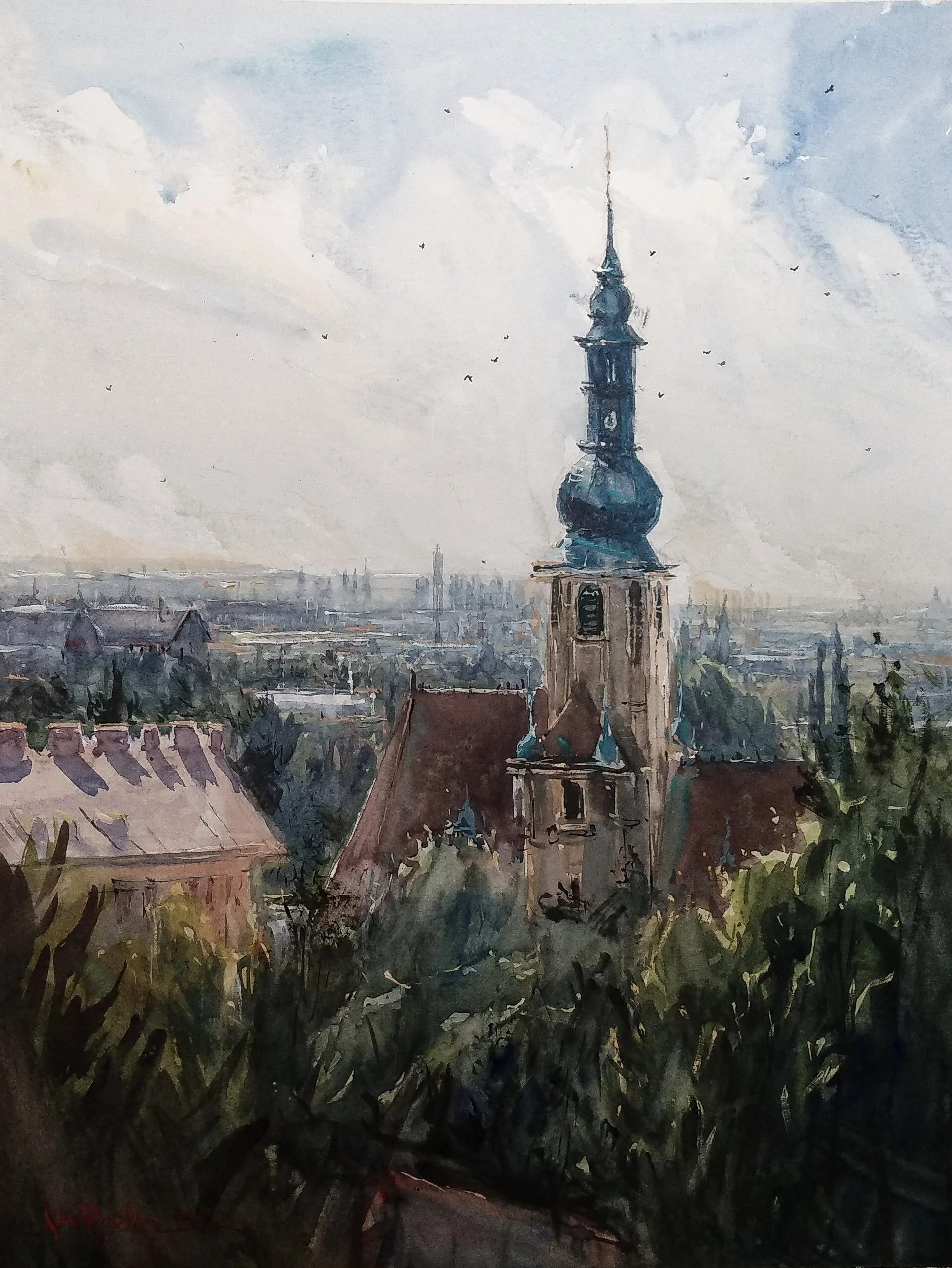 Watercolor painting showing the view of St Stephan church from Kurpark hills in Baden by Kourosh Aria