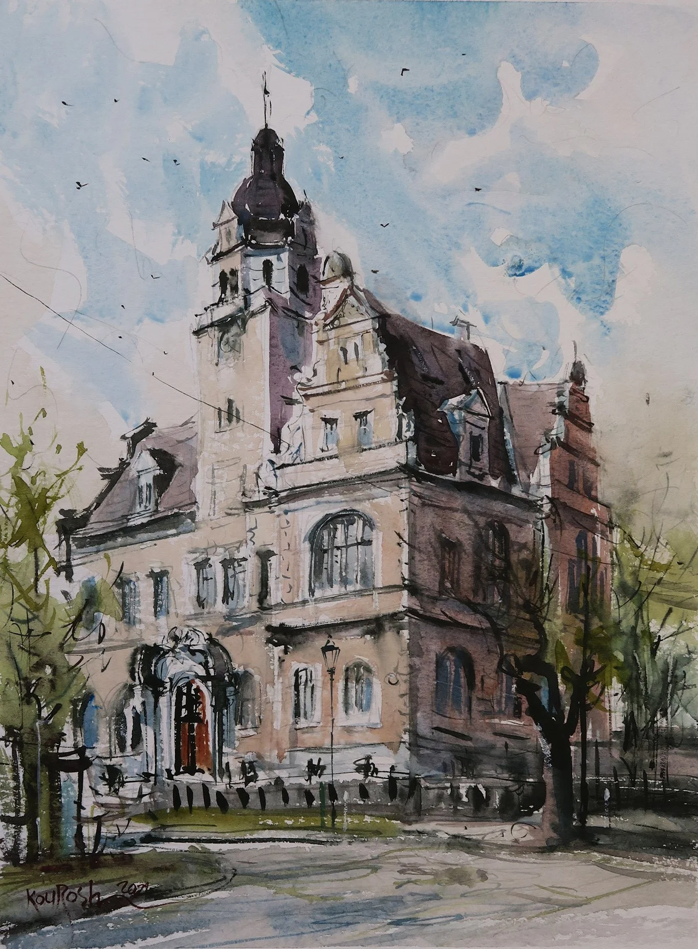 Watercolor painting of the Rolett building Arnulf Rainer Museum in Baden during autumn by Kourosh Aria