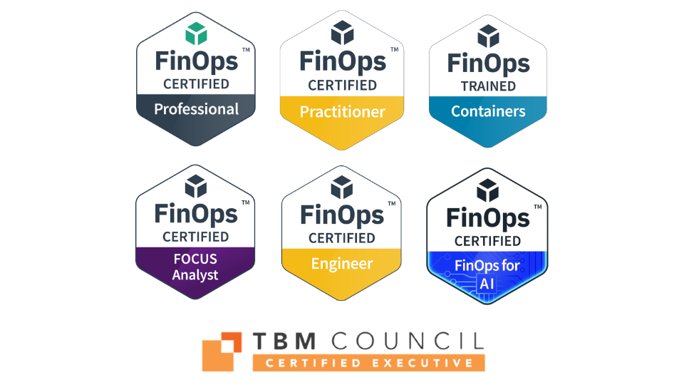 Collection of six digital badges from FinOps, each with different titles: Professional, Practitioner, Containers, Focus Analyst, Engineer, and FinOps for AI, all certification badges with distinct colors. Logo of TBM Council below the badges.