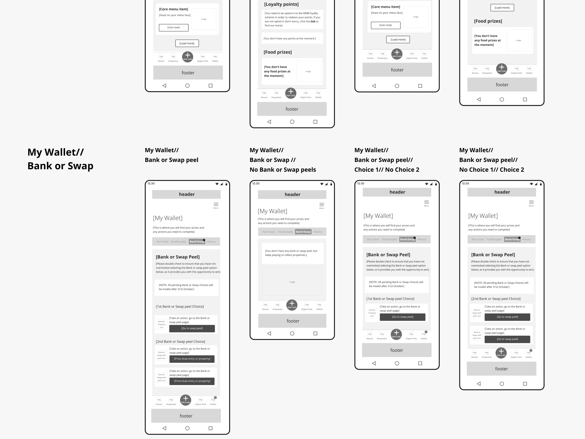 Wireframes for the 'My Wallet' section created in collaboration with the UX Designer