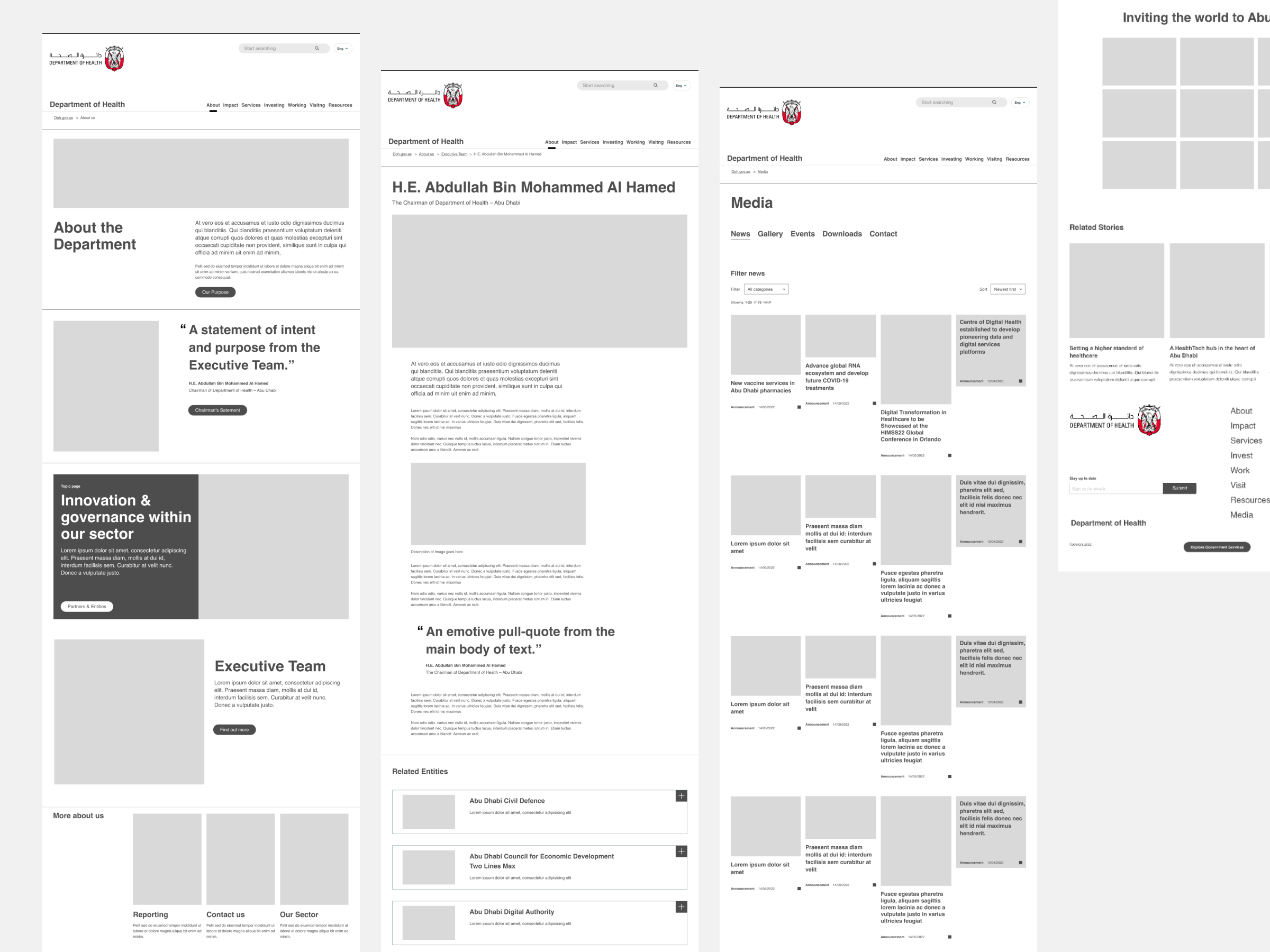 Wireframes of content pages provided by the UX Designer