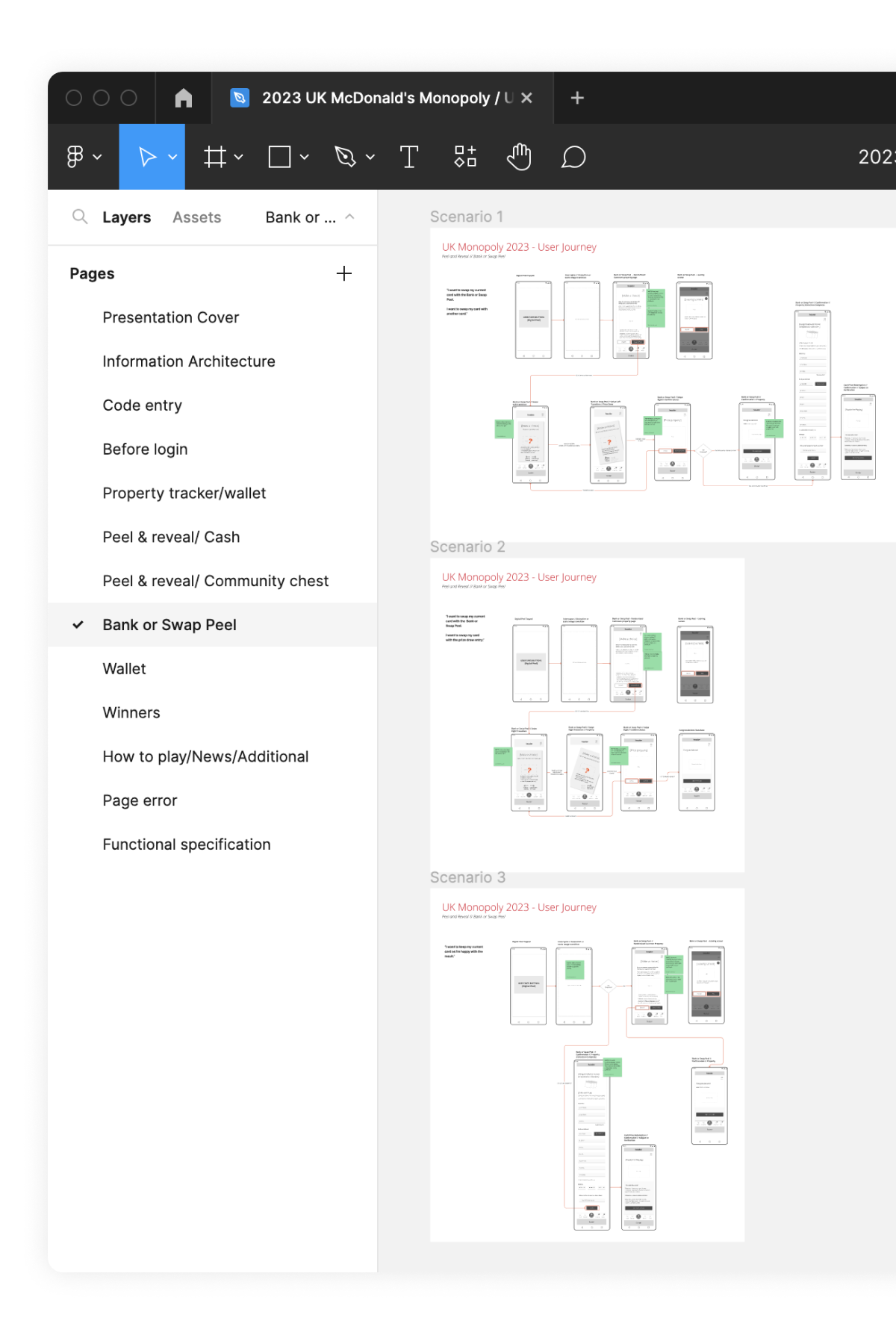 Wireframe containing the user journeys for one of the app features