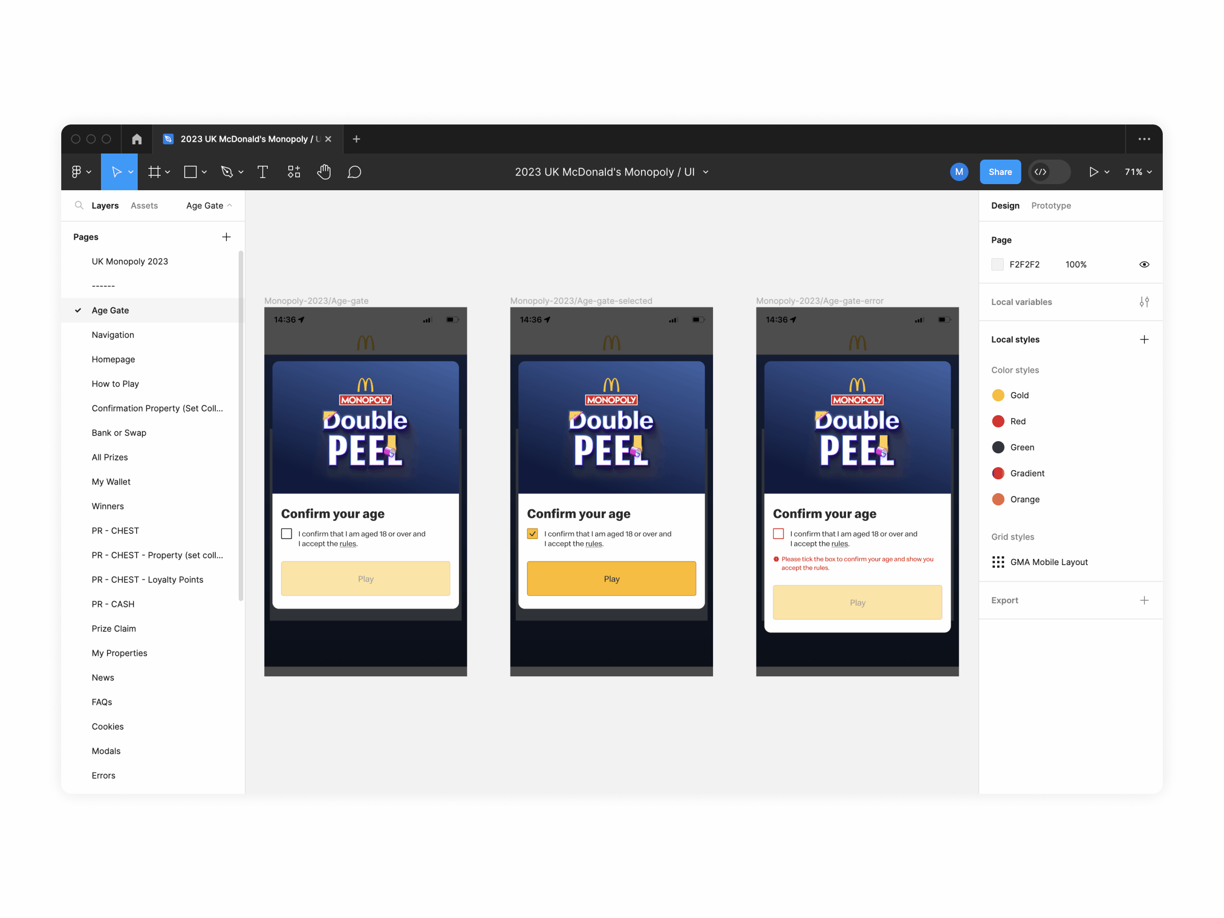 UI Design and page organisation for the McDonald's Monopoly app in Figma